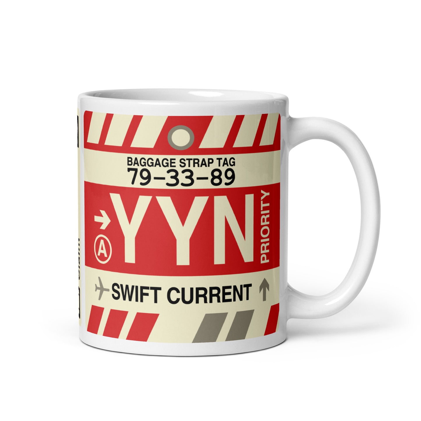 YYN Swift Current Coffee Mug • Jet Age Baggage Tag Design • YHM Designs - Image 01