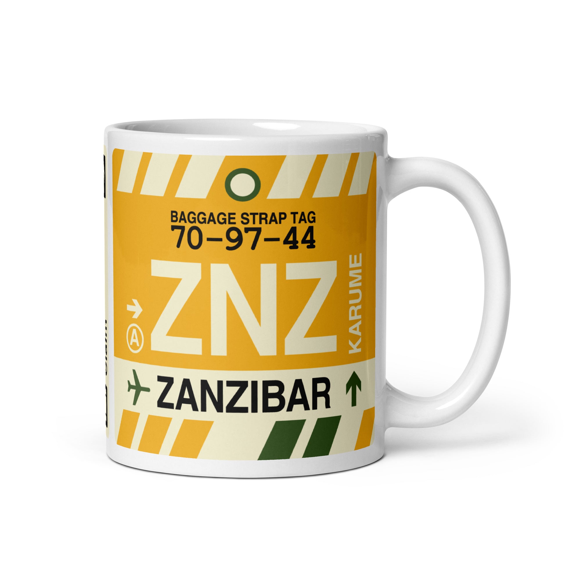 ZNZ Zanzibar Coffee Mug • Jet Age Baggage Tag Design • YHM Designs - Image 01