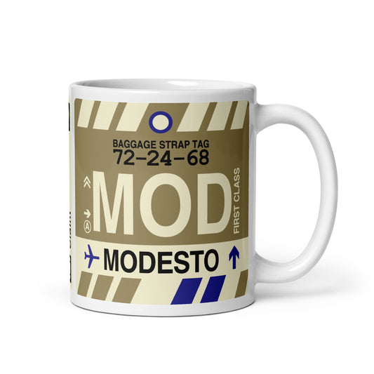 MOD Modesto Coffee Mug • Jet Age Baggage Tag Design • YHM Designs - Image 01