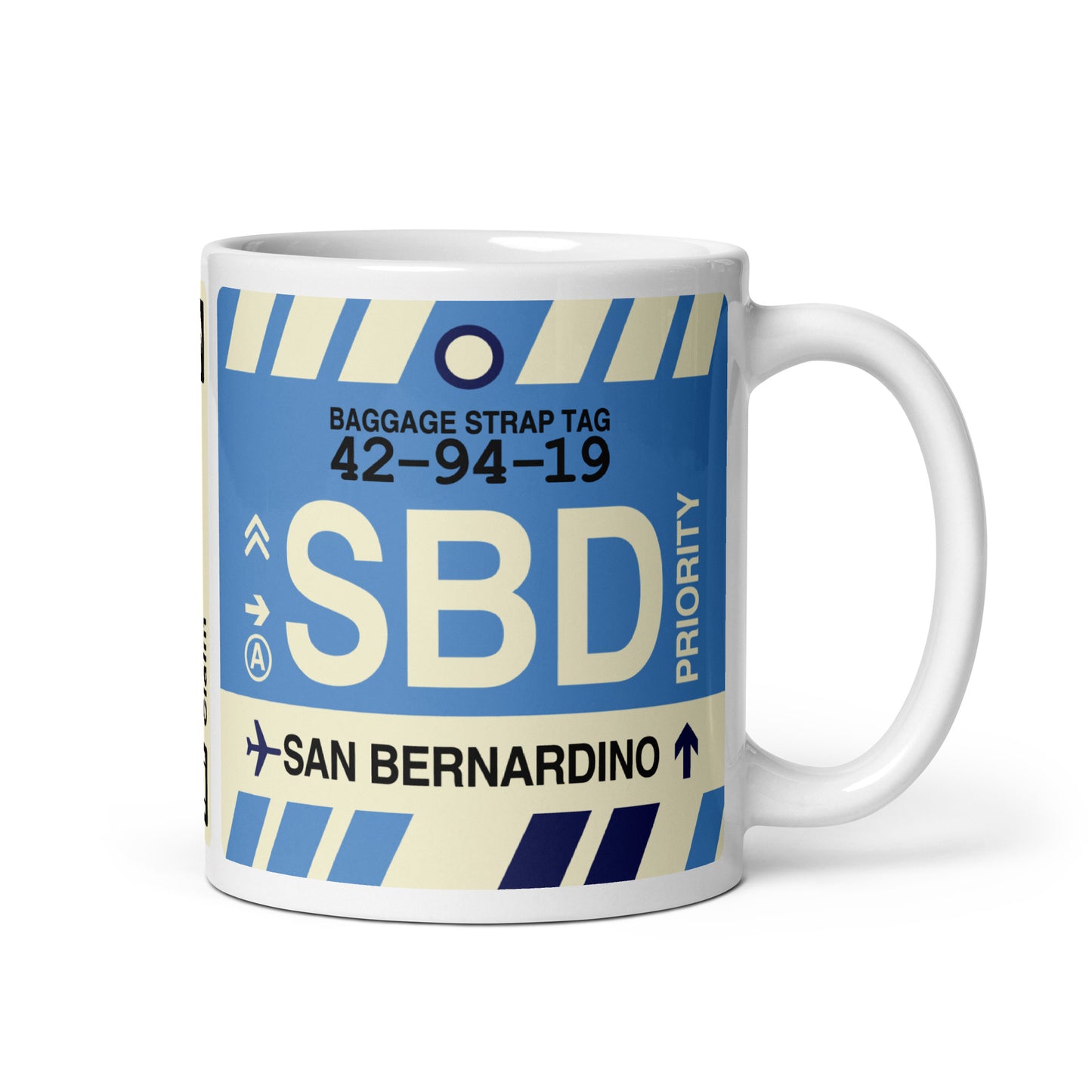SBD San Bernardino Coffee Mug • Jet Age Baggage Tag Design • YHM Designs - Image 01
