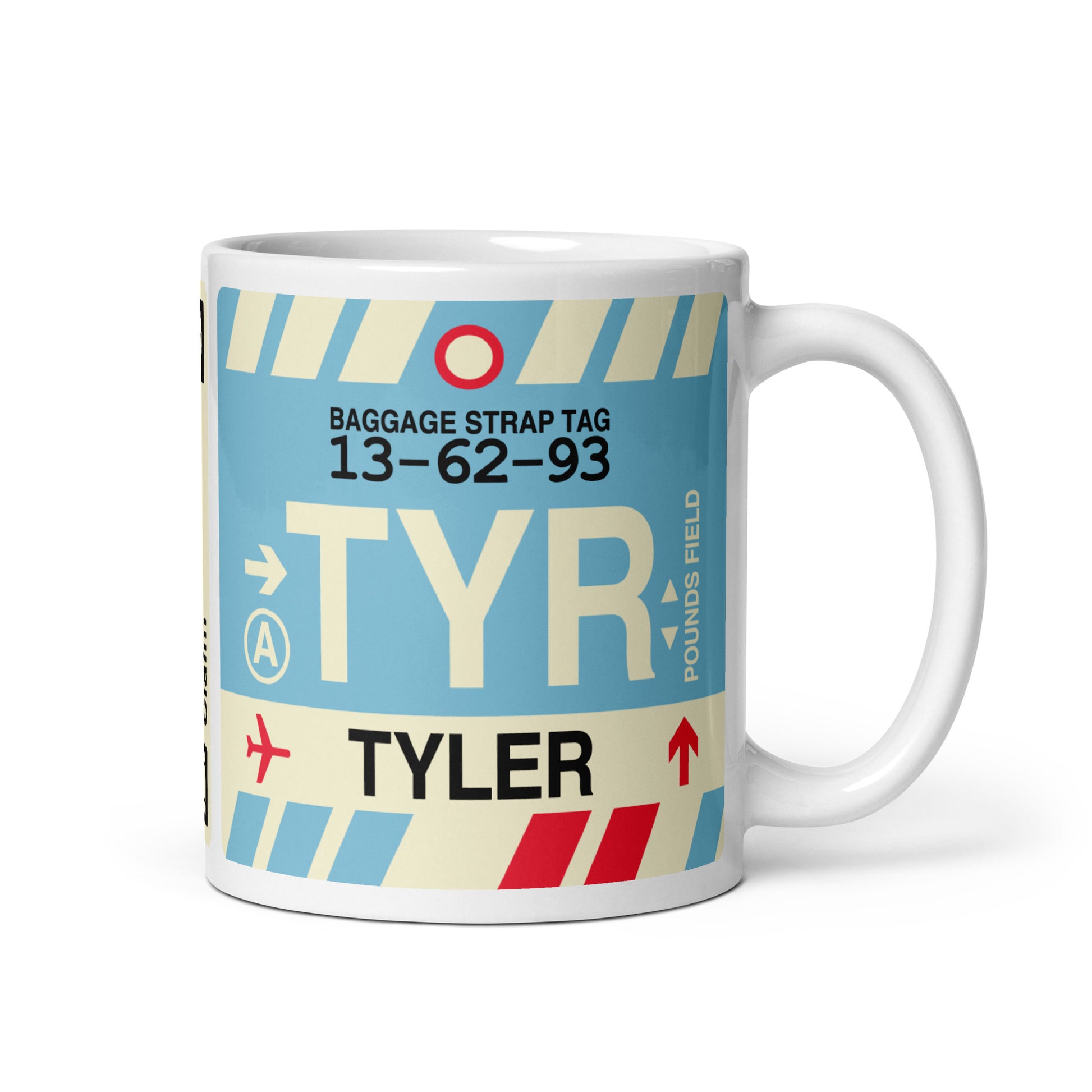 TYR Tyler Coffee Mug • Jet Age Baggage Tag Design • YHM Designs - Image 01