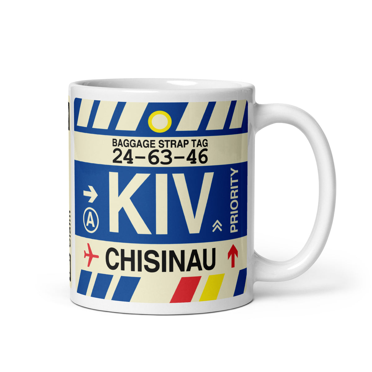 KIV Chisinau Coffee Mug • Jet Age Baggage Tag Design • YHM Designs - Image 01