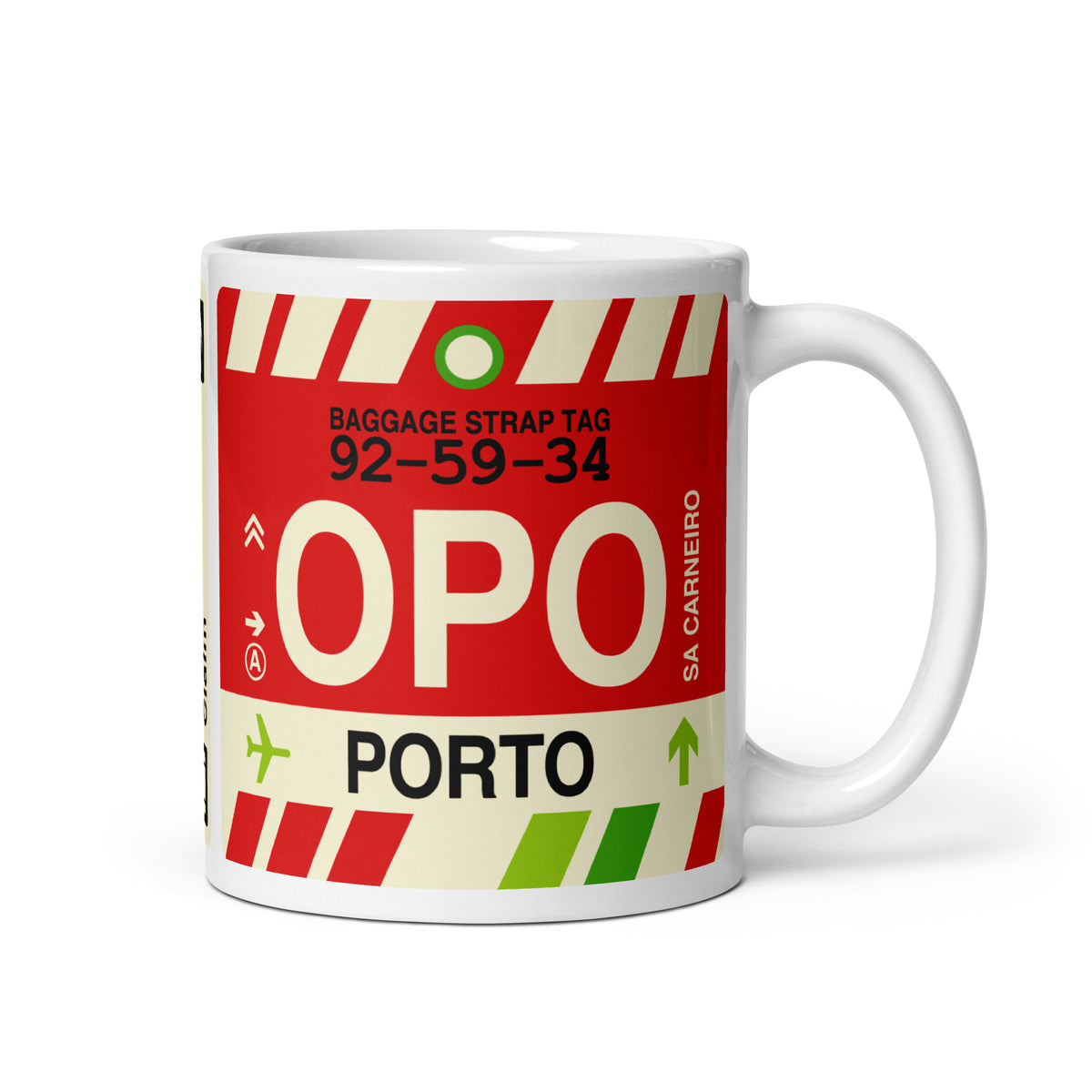 OPO Porto Coffee Mug • Jet Age Baggage Tag Design • YHM Designs - Image 01
