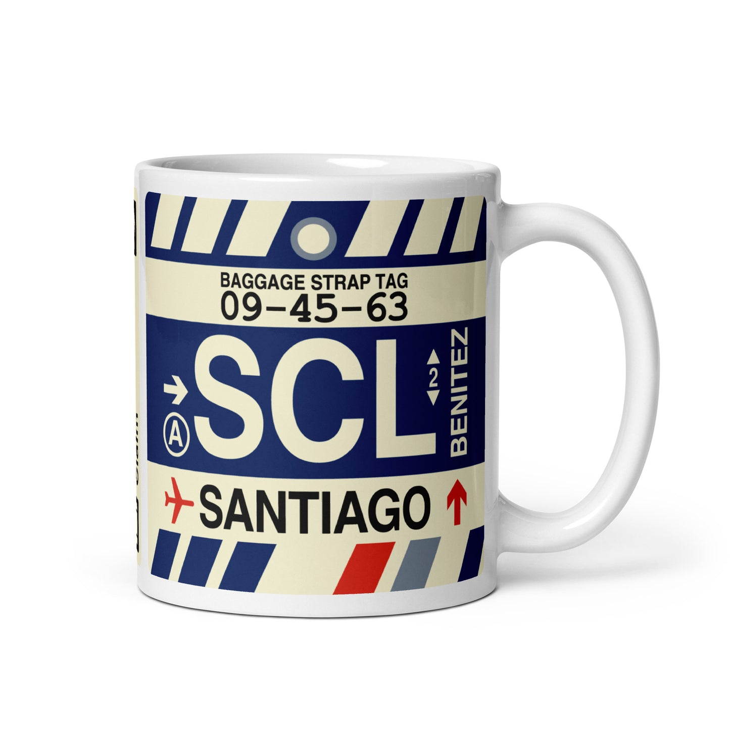SCL Santiago Coffee Mug • Jet Age Baggage Tag Design • YHM Designs - Image 01