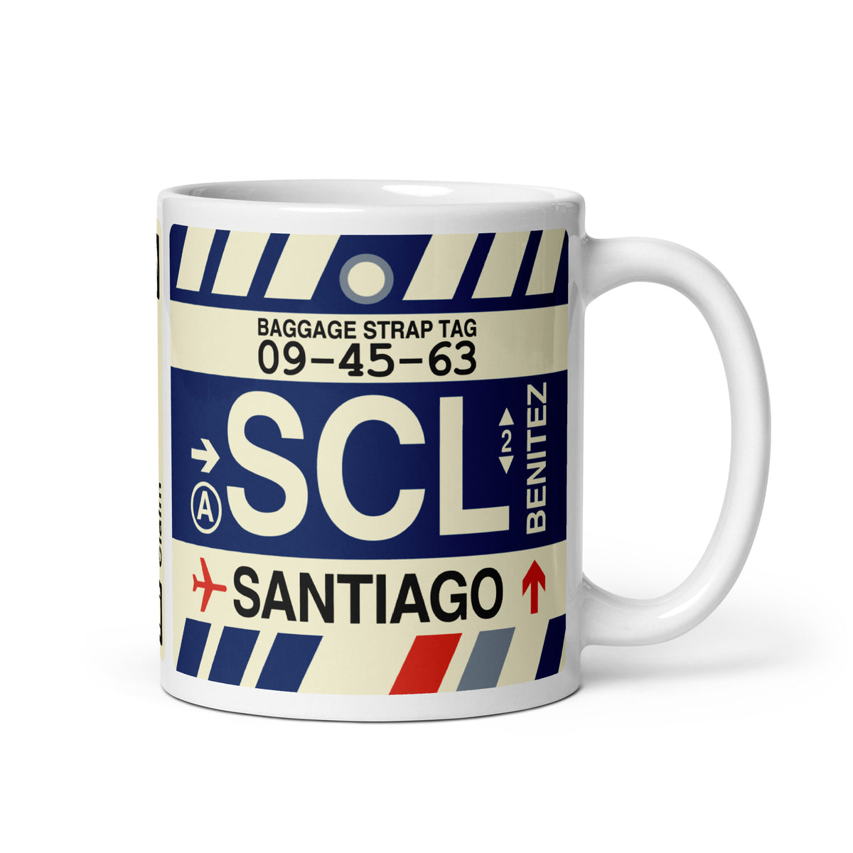 SCL Santiago Coffee Mug • Jet Age Baggage Tag Design • YHM Designs - Image 01