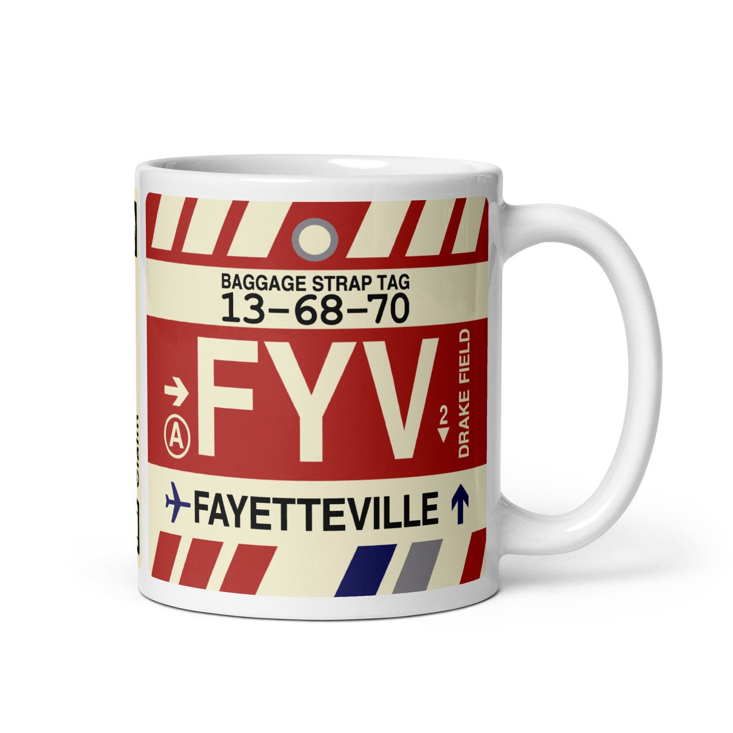 FYV Fayetteville Coffee Mug • Jet Age Baggage Tag Design • YHM Designs - Image 01