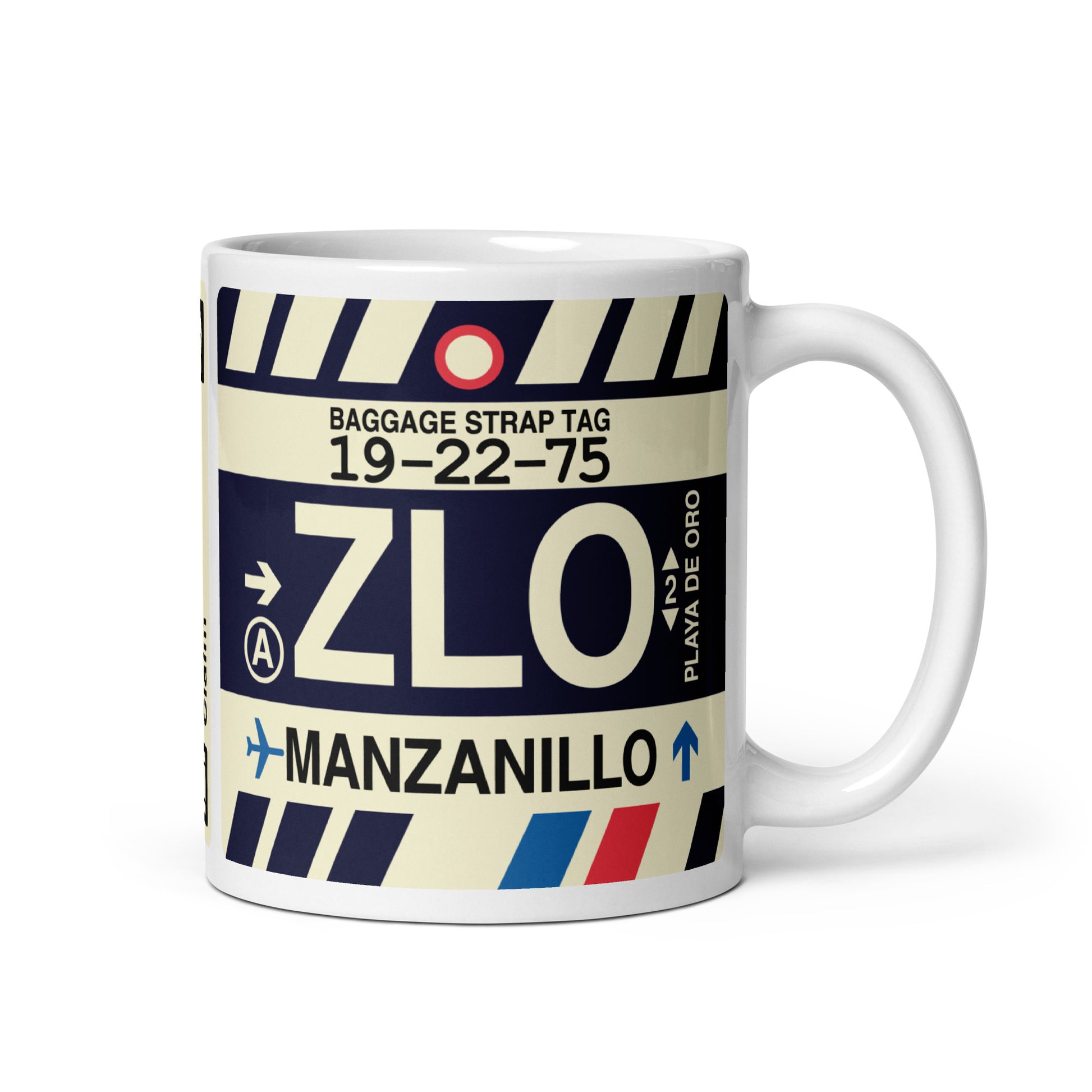 ZLO Manzanillo Coffee Mug • Jet Age Baggage Tag Design • YHM Designs - Image 01