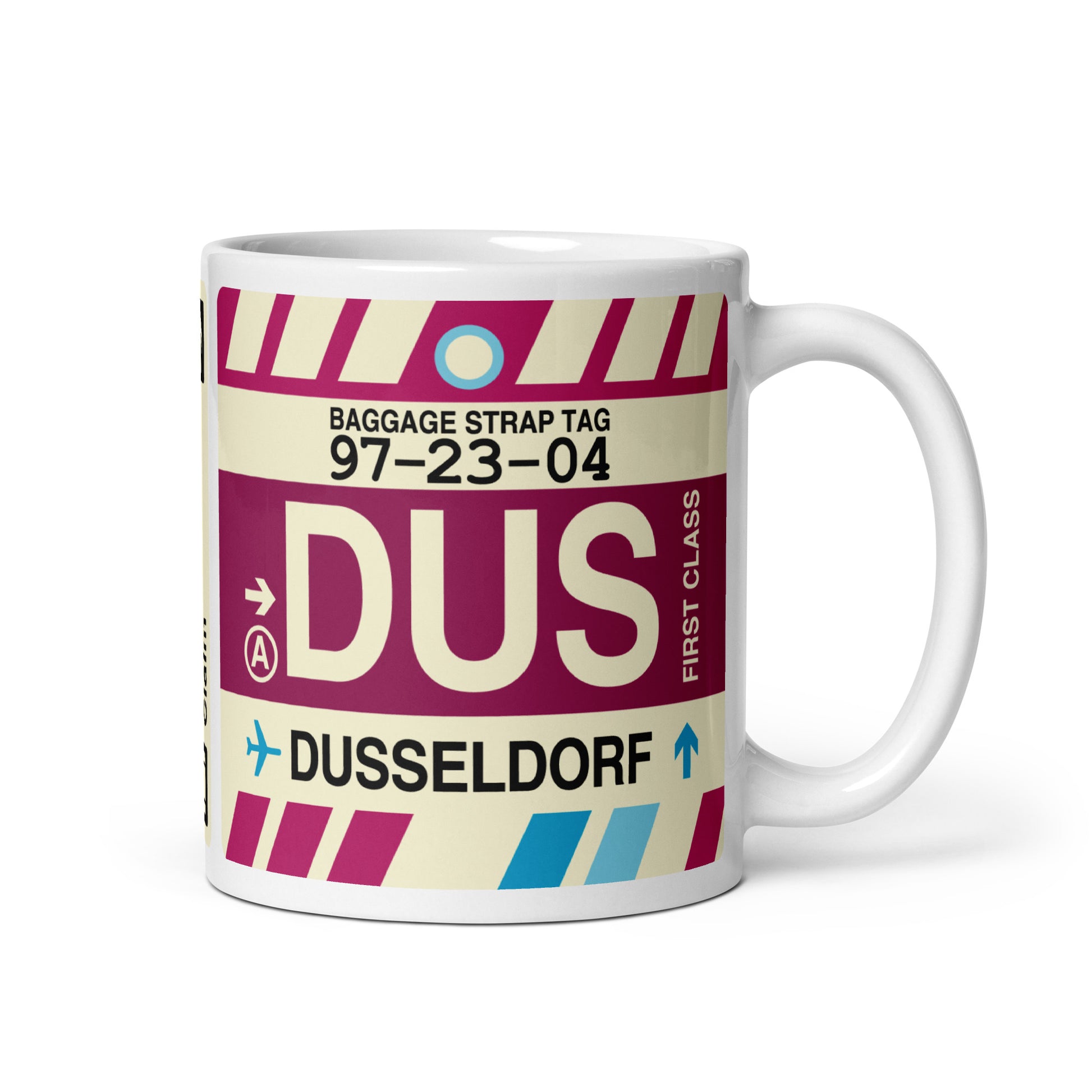 DUS Dusseldorf Coffee Mug • Jet Age Baggage Tag Design • YHM Designs - Image 01