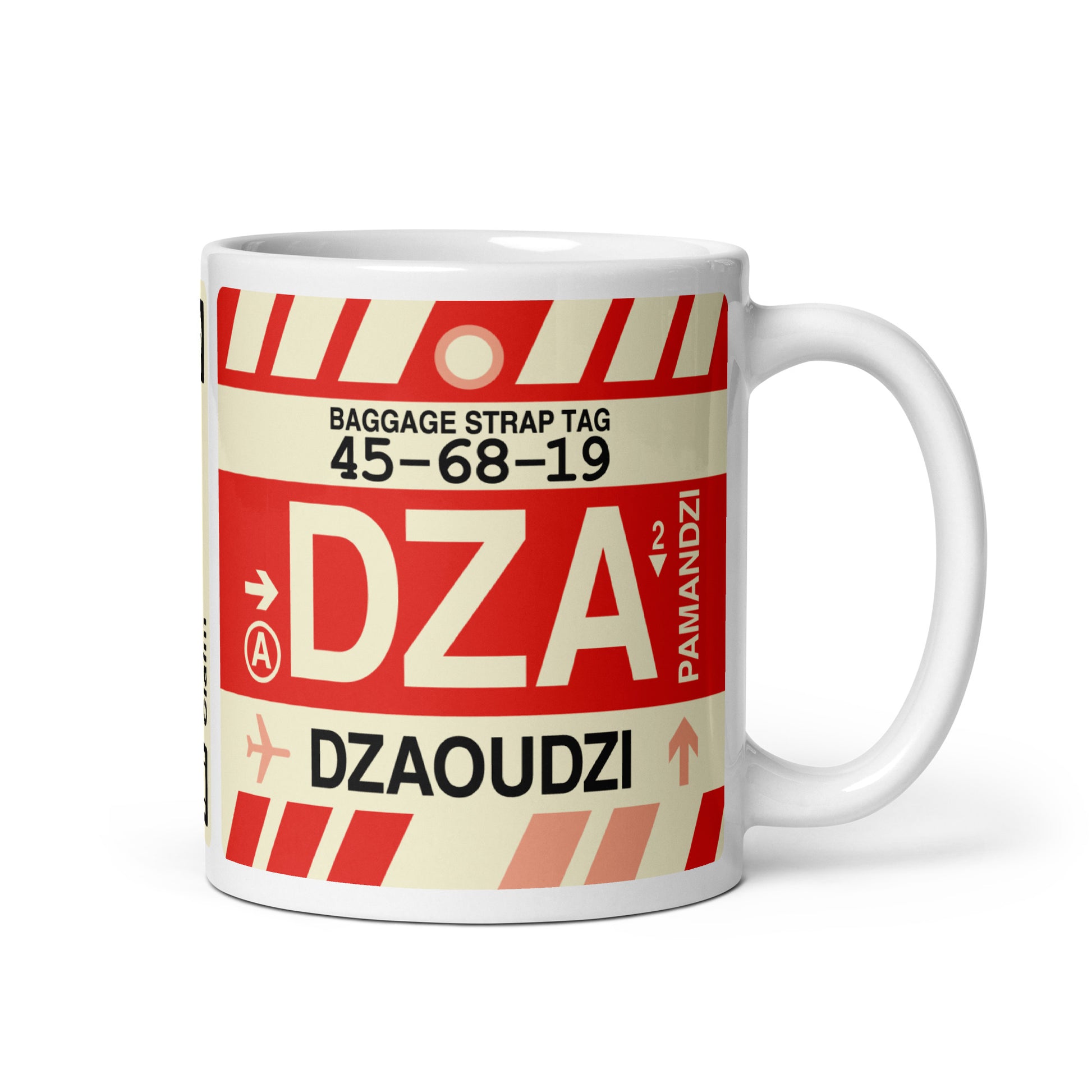 DZA Dzaoudzi Coffee Mug • Jet Age Baggage Tag Design • YHM Designs - Image 01