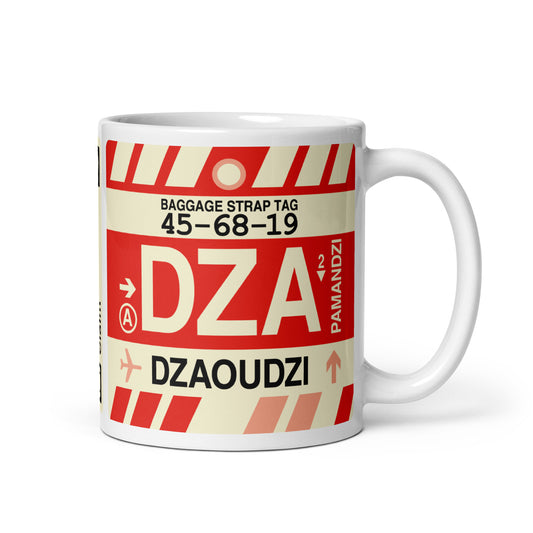 DZA Dzaoudzi Coffee Mug • Jet Age Baggage Tag Design • YHM Designs - Image 01