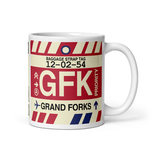 GFK Grand Forks Coffee Mug • Jet Age Baggage Tag Design • YHM Designs - Image 01