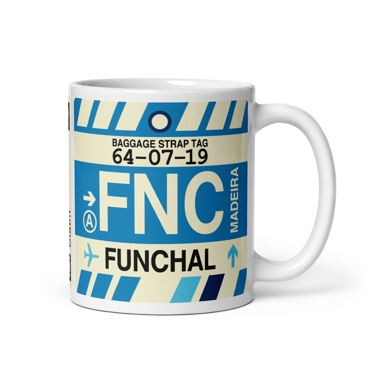 FNC Funchal Coffee Mug • Jet Age Baggage Tag Design • YHM Designs - Image 01