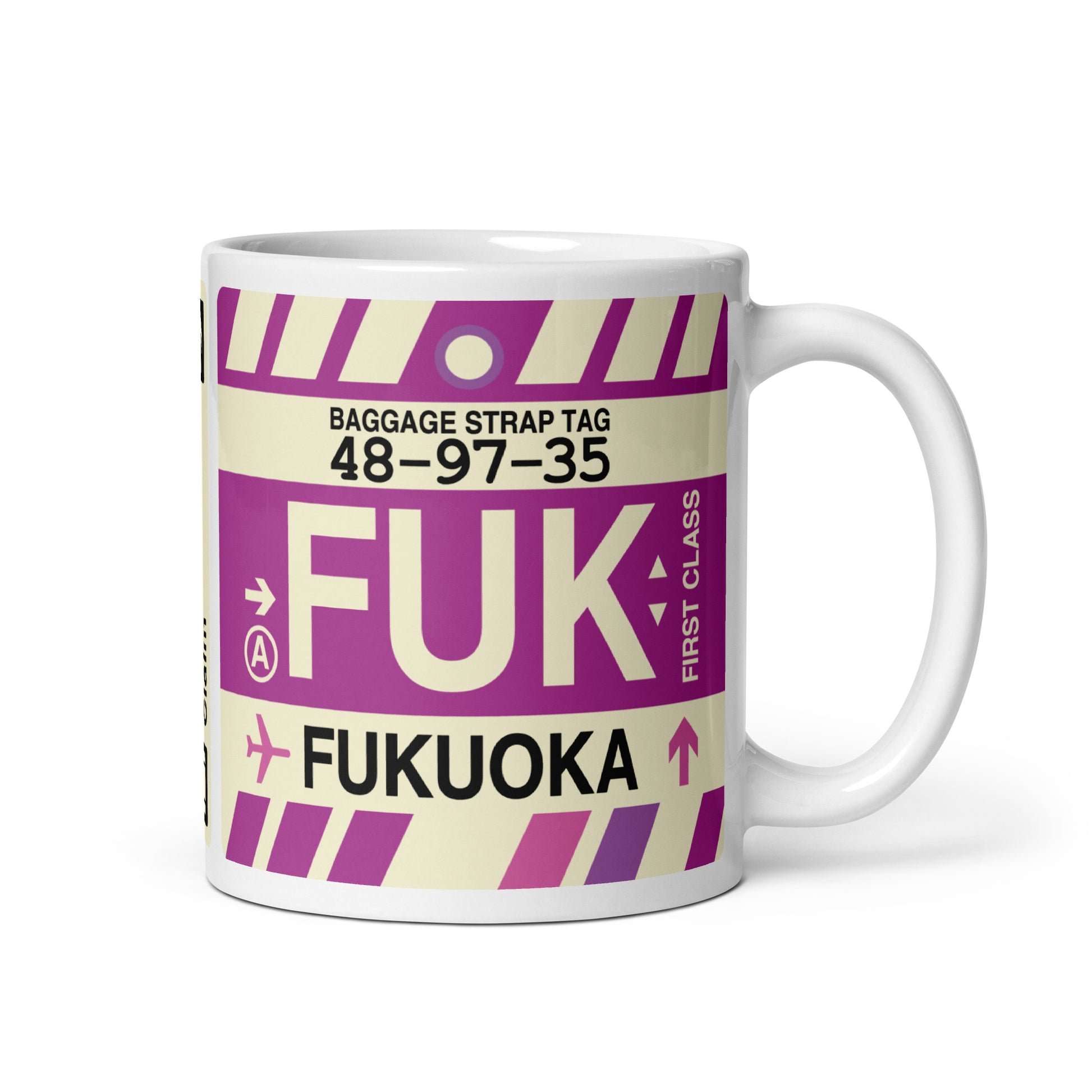 FUK Fukuoka Coffee Mug • Jet Age Baggage Tag Design • YHM Designs - Image 01