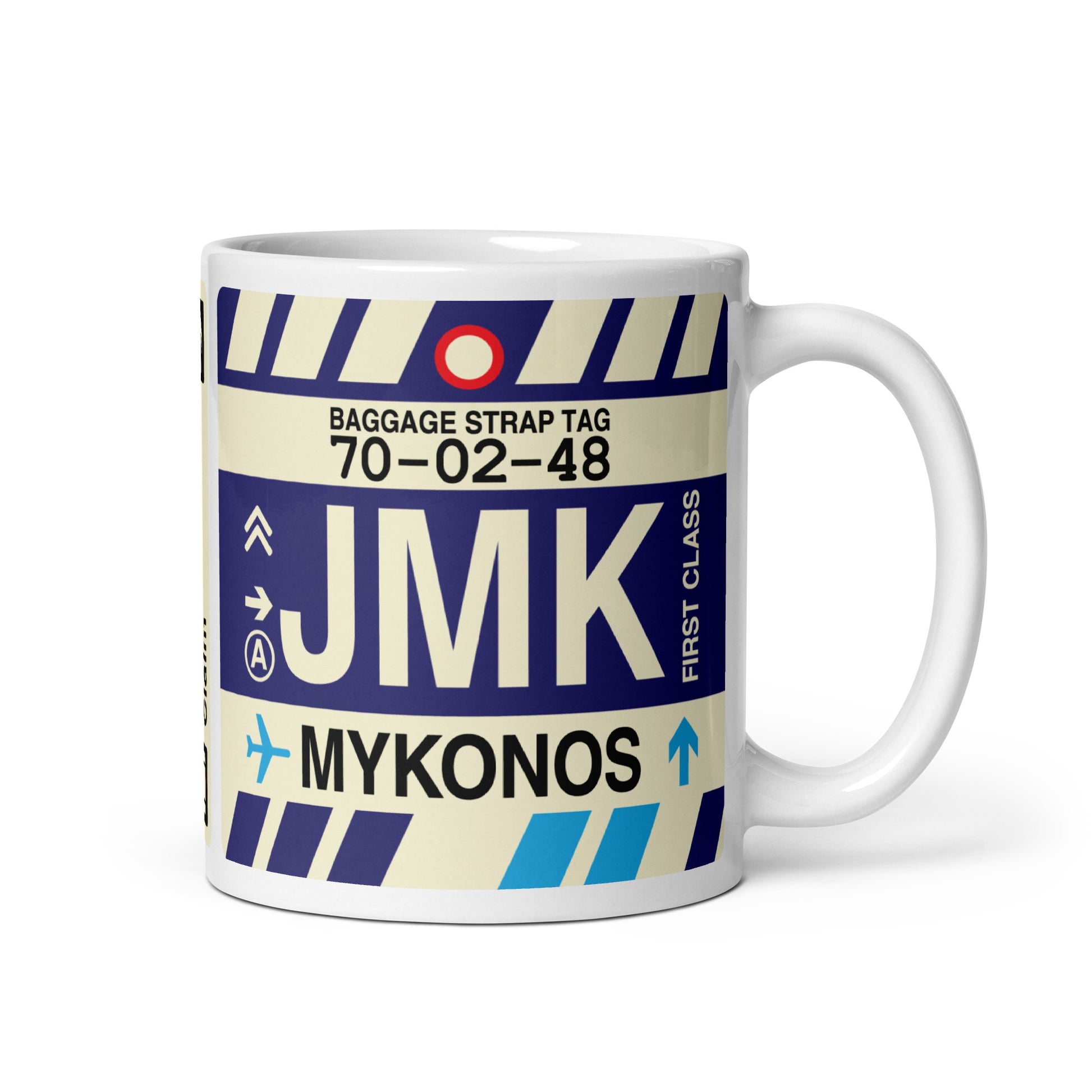 JMK Mykonos Coffee Mug • Jet Age Baggage Tag Design • YHM Designs - Image 01