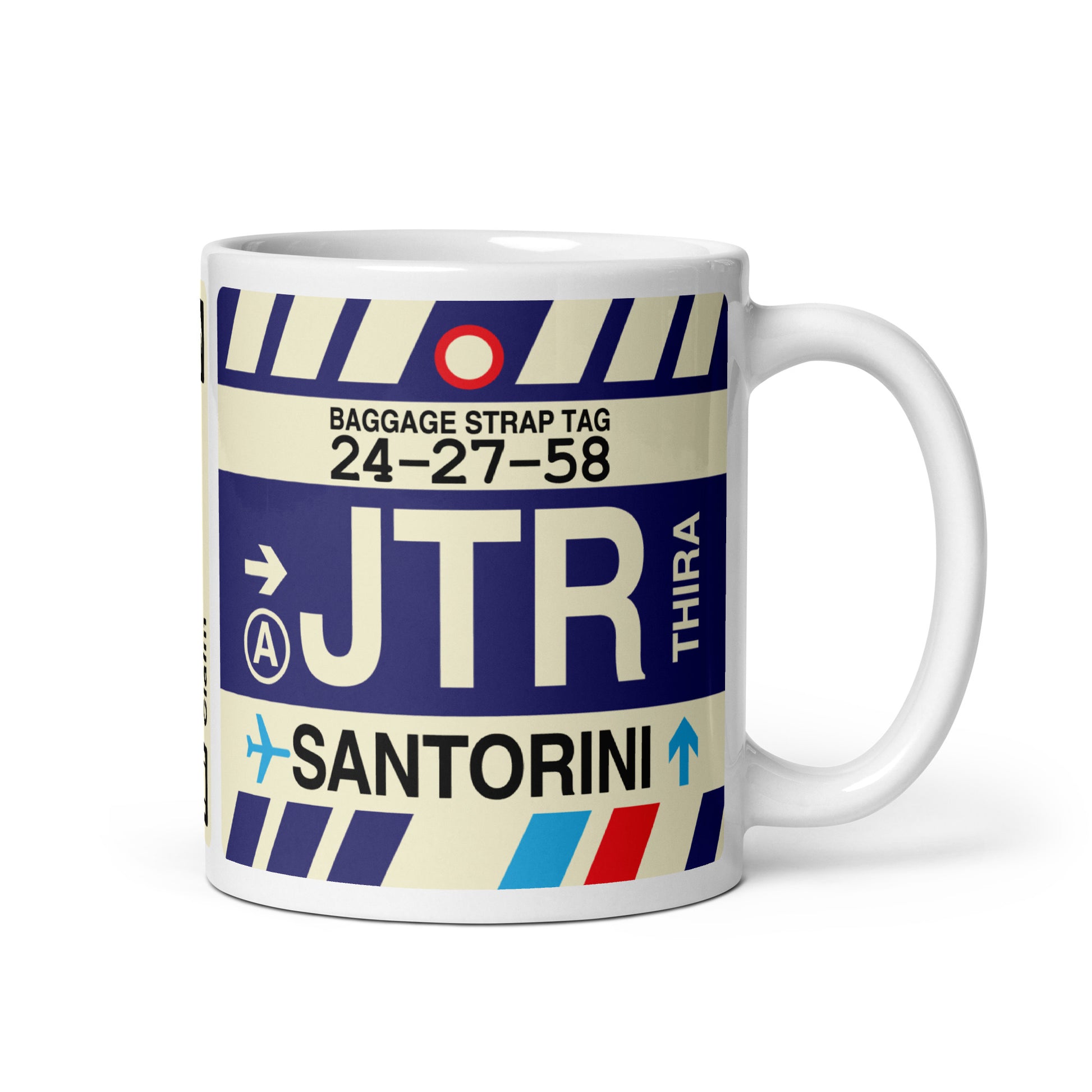JTR Santorini Coffee Mug • Jet Age Baggage Tag Design • YHM Designs - Image 01