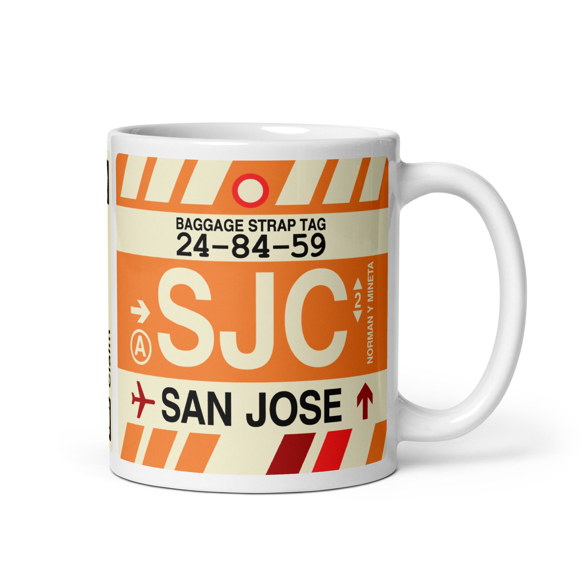 SJC San Jose Coffee Mug • Jet Age Baggage Tag Design • YHM Designs - Image 01