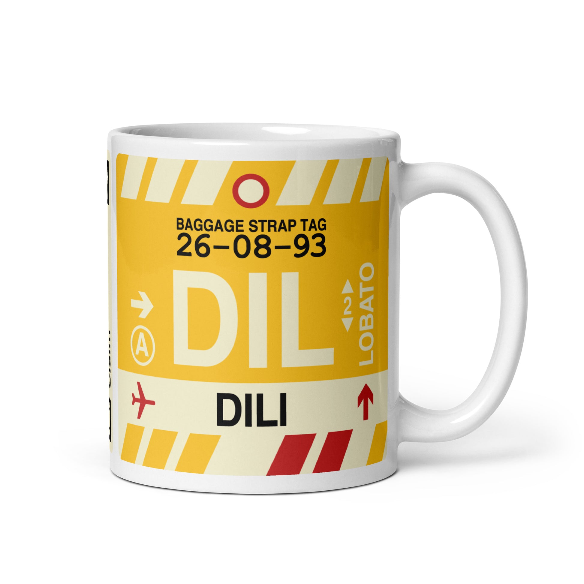 DIL Dili Coffee Mug • Jet Age Baggage Tag Design • YHM Designs - Image 01