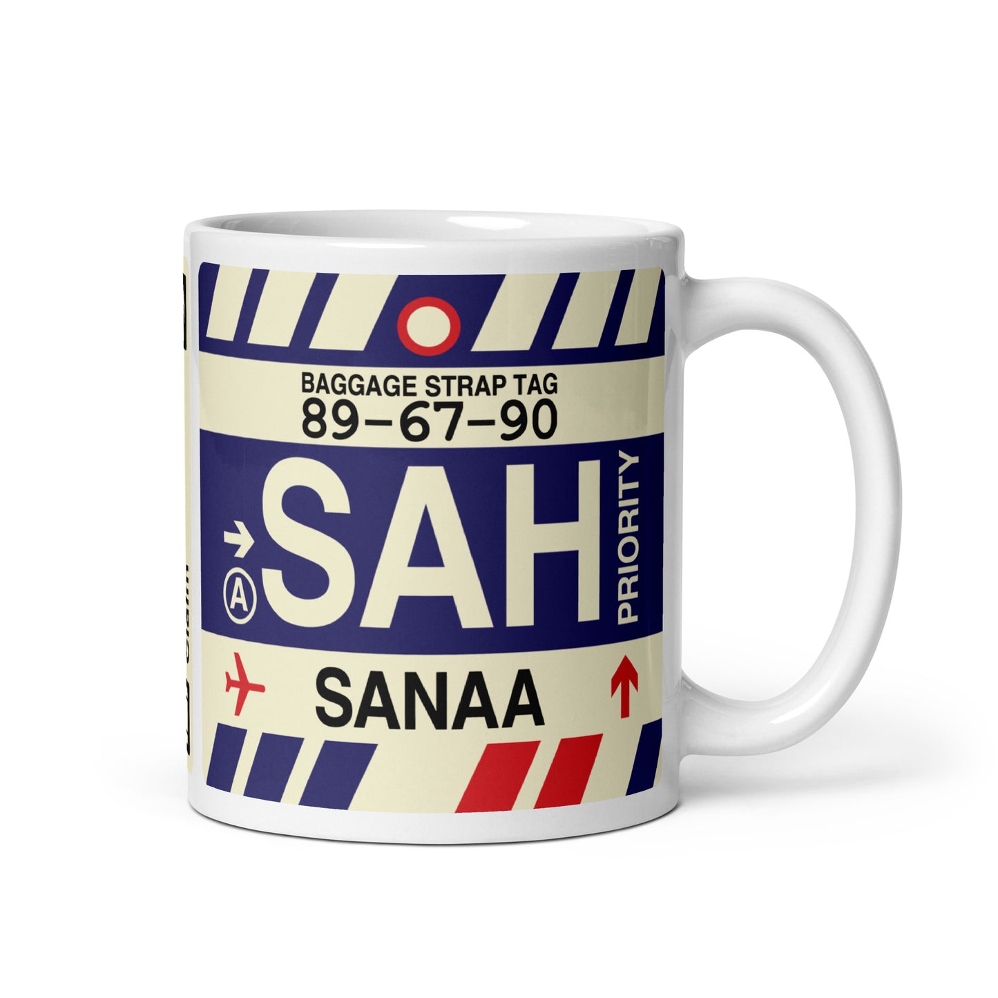 SAH Sanaa Coffee Mug • Jet Age Baggage Tag Design • YHM Designs - Image 01
