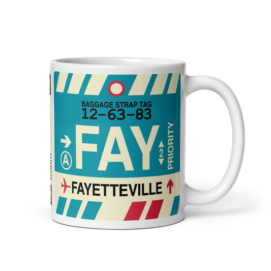FAY Fayetteville Coffee Mug • Jet Age Baggage Tag Design • YHM Designs - Image 01