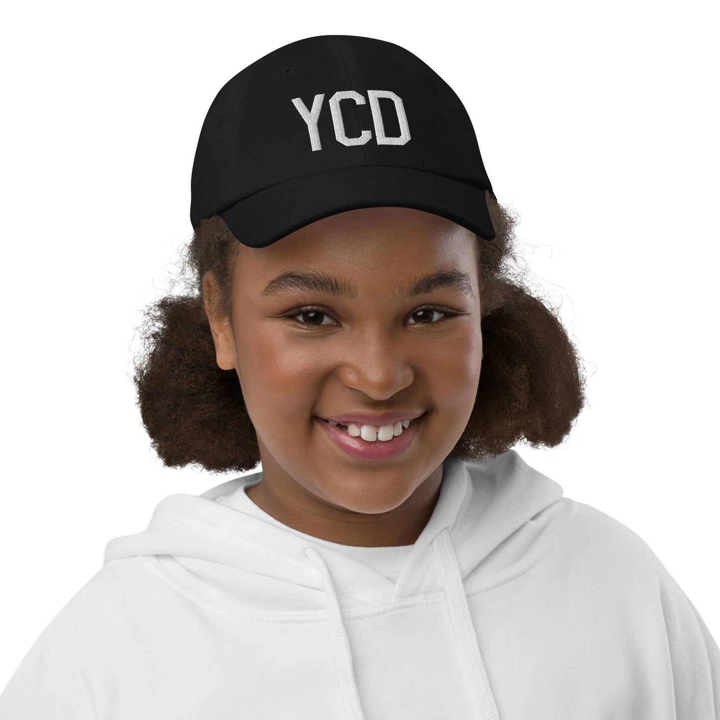 Airport Code Kid's Baseball Cap - White • YCD Nanaimo • YHM Designs - Image 02