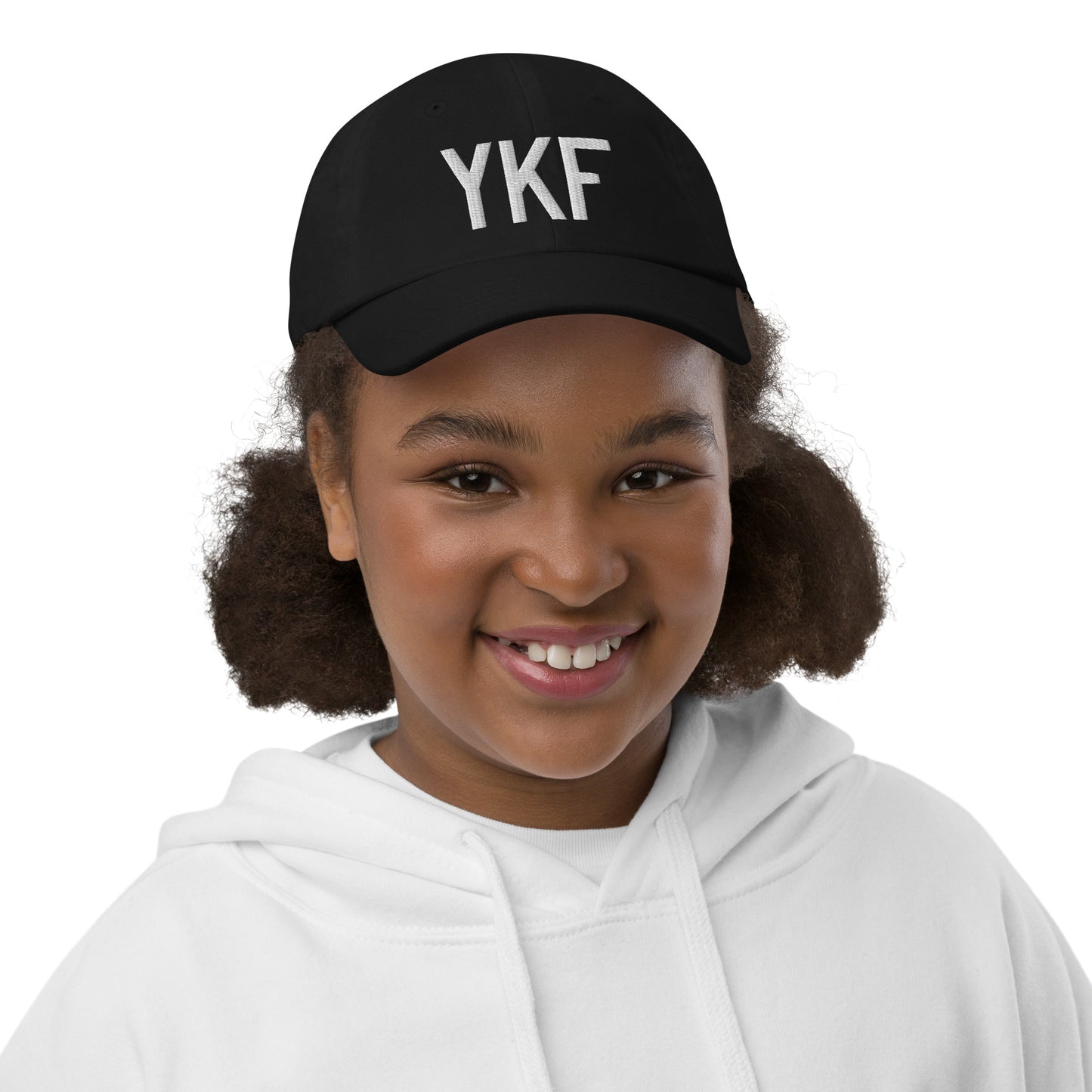 Airport Code Kid's Baseball Cap - White • YKF Waterloo • YHM Designs - Image 02