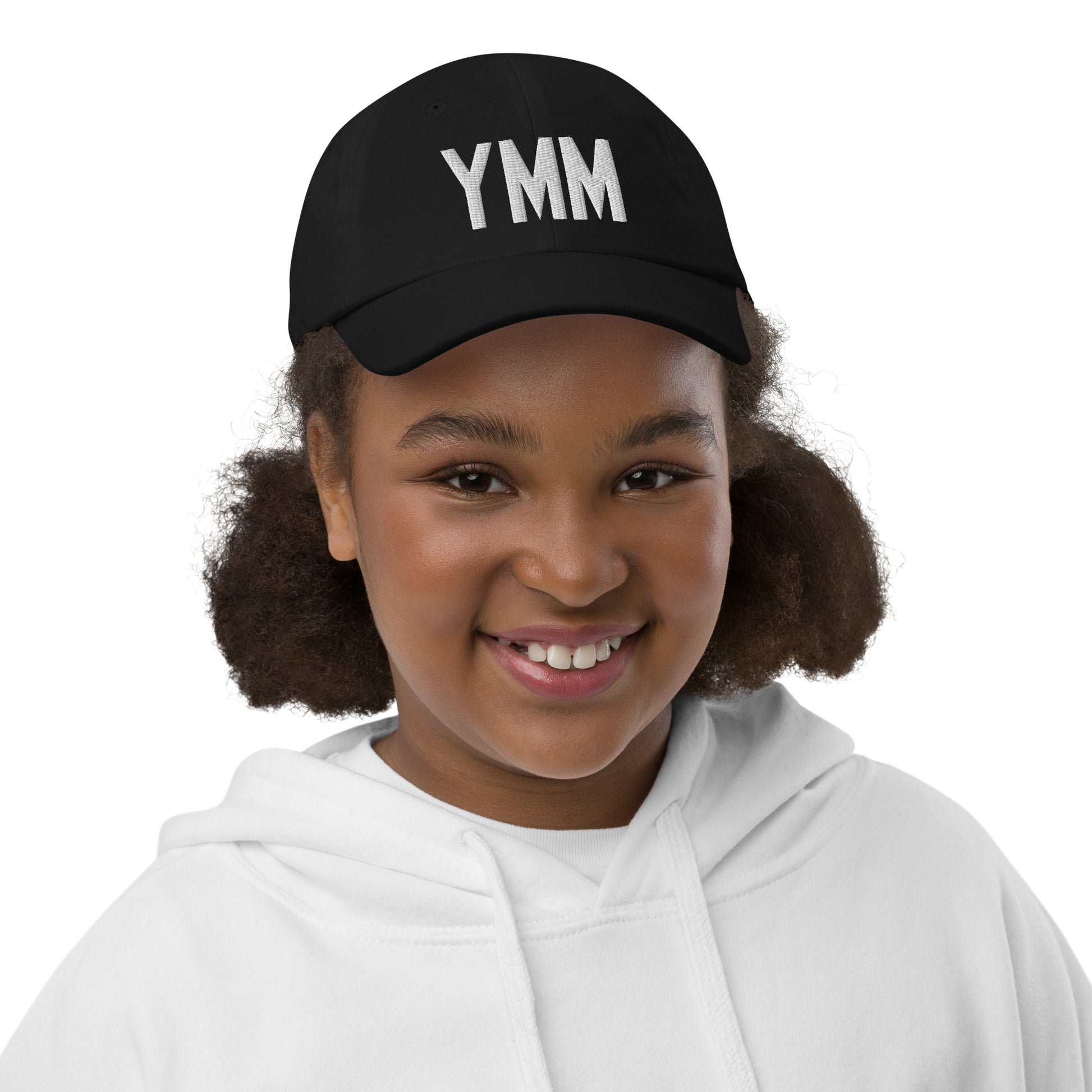 Airport Code Kid's Baseball Cap - White • YMM Fort McMurray • YHM Designs - Image 02