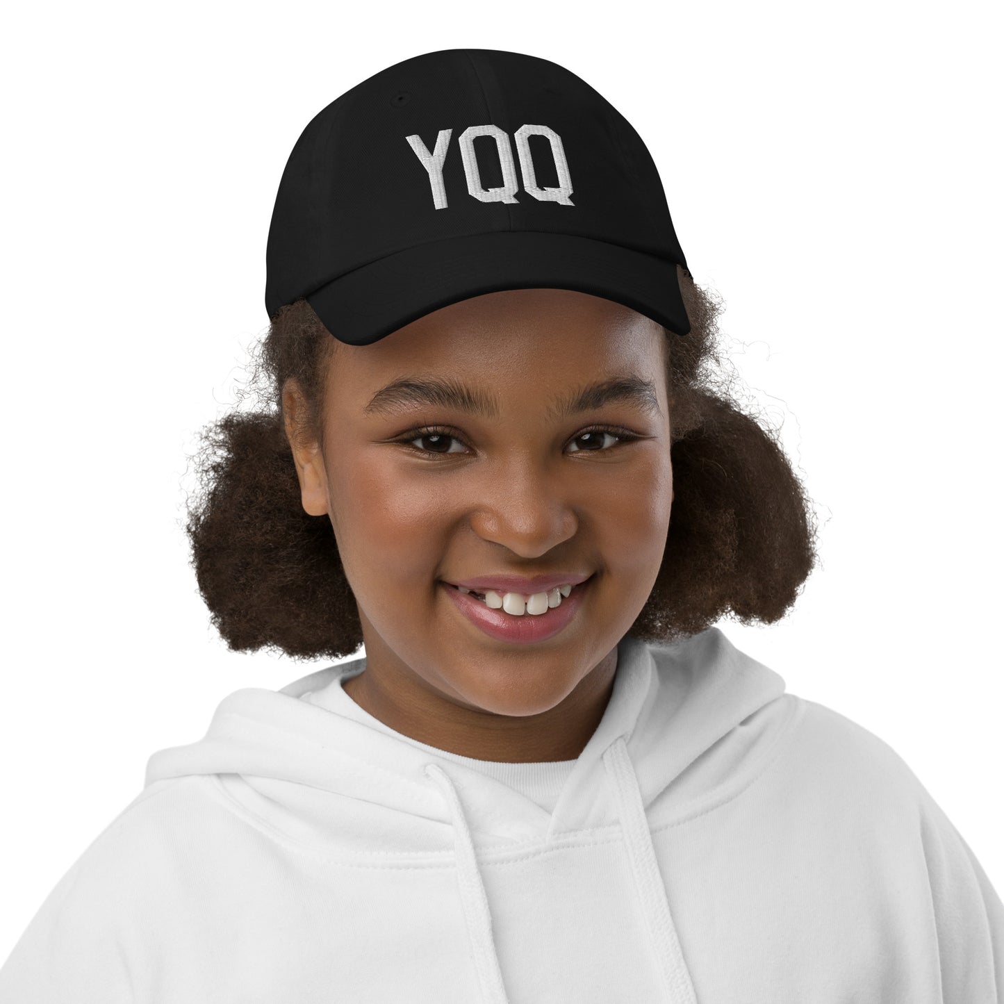 Airport Code Kid's Baseball Cap - White • YQQ Comox • YHM Designs - Image 02