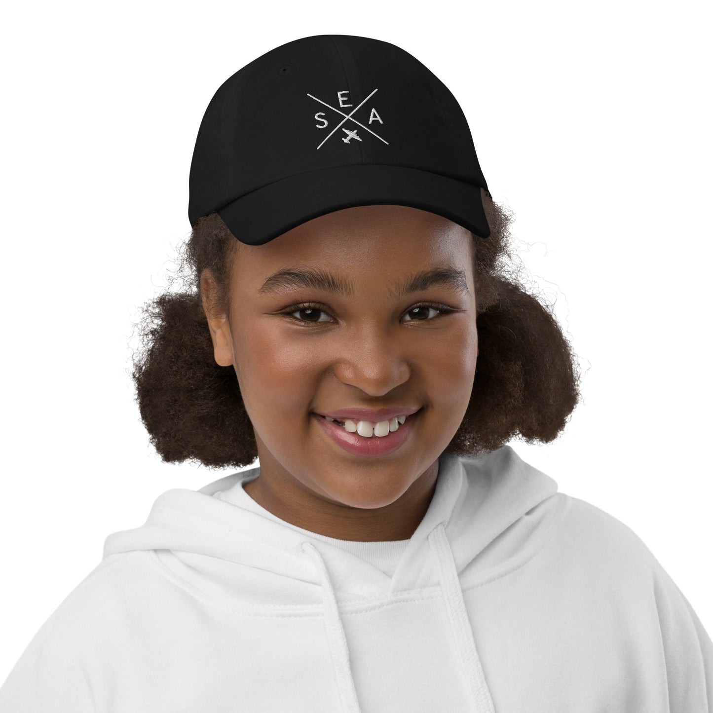 Crossed-X Kid's Baseball Cap - White • SEA Seattle • YHM Designs - Image 02