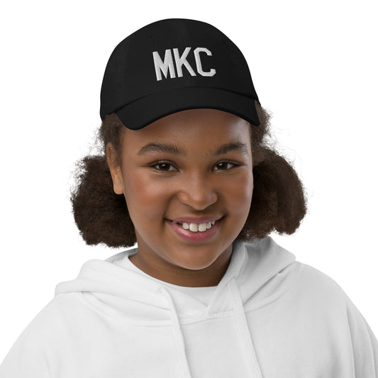 Airport Code Kid's Baseball Cap - White • MKC Kansas City • YHM Designs - Image 02