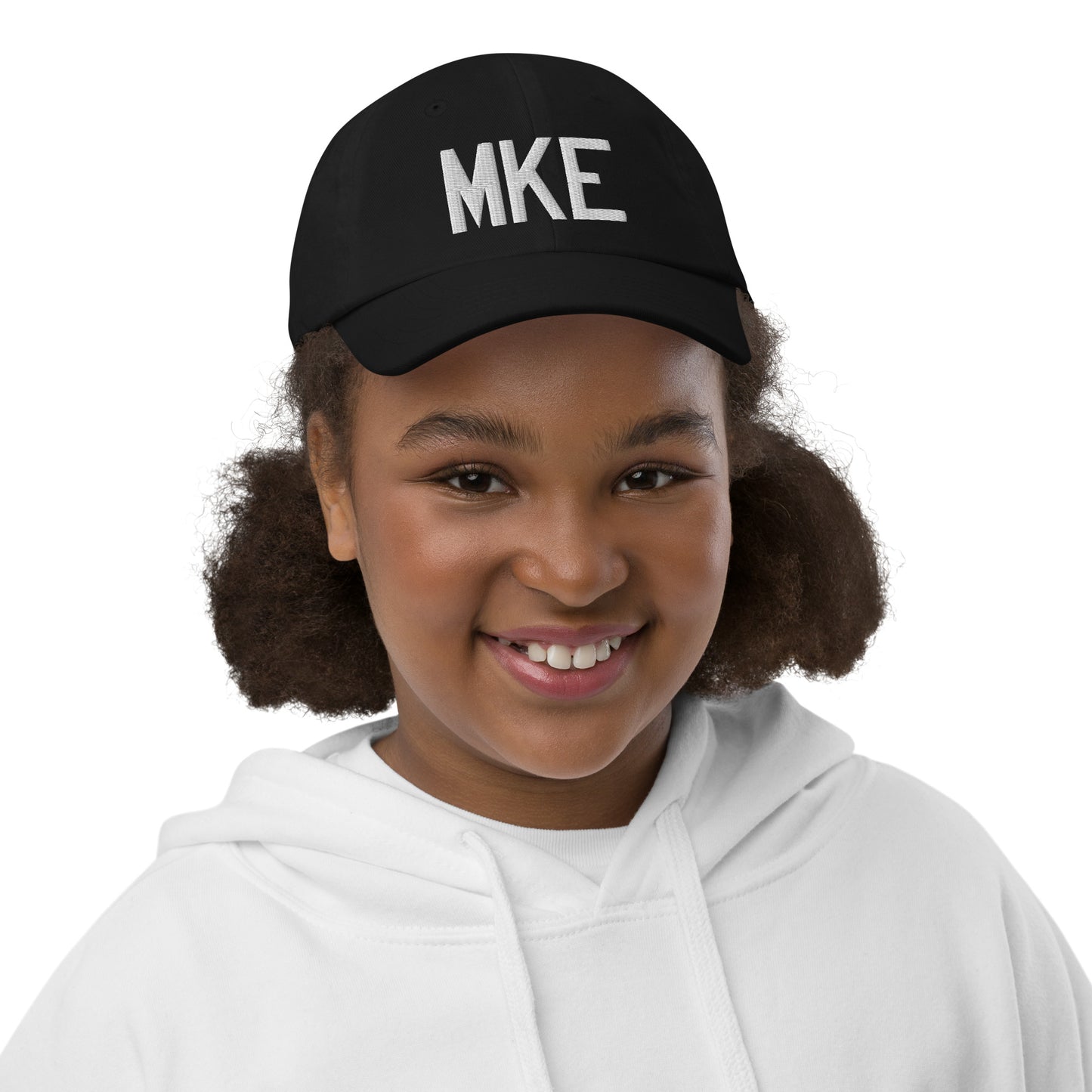 Airport Code Kid's Baseball Cap - White • MKE Milwaukee • YHM Designs - Image 02