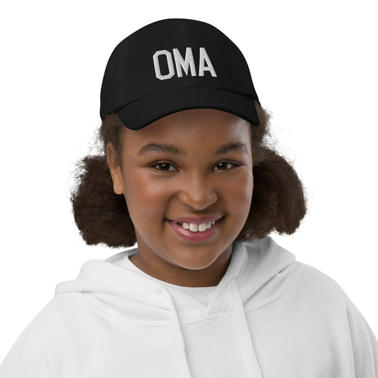 Airport Code Kid's Baseball Cap - White • OMA Omaha • YHM Designs - Image 02