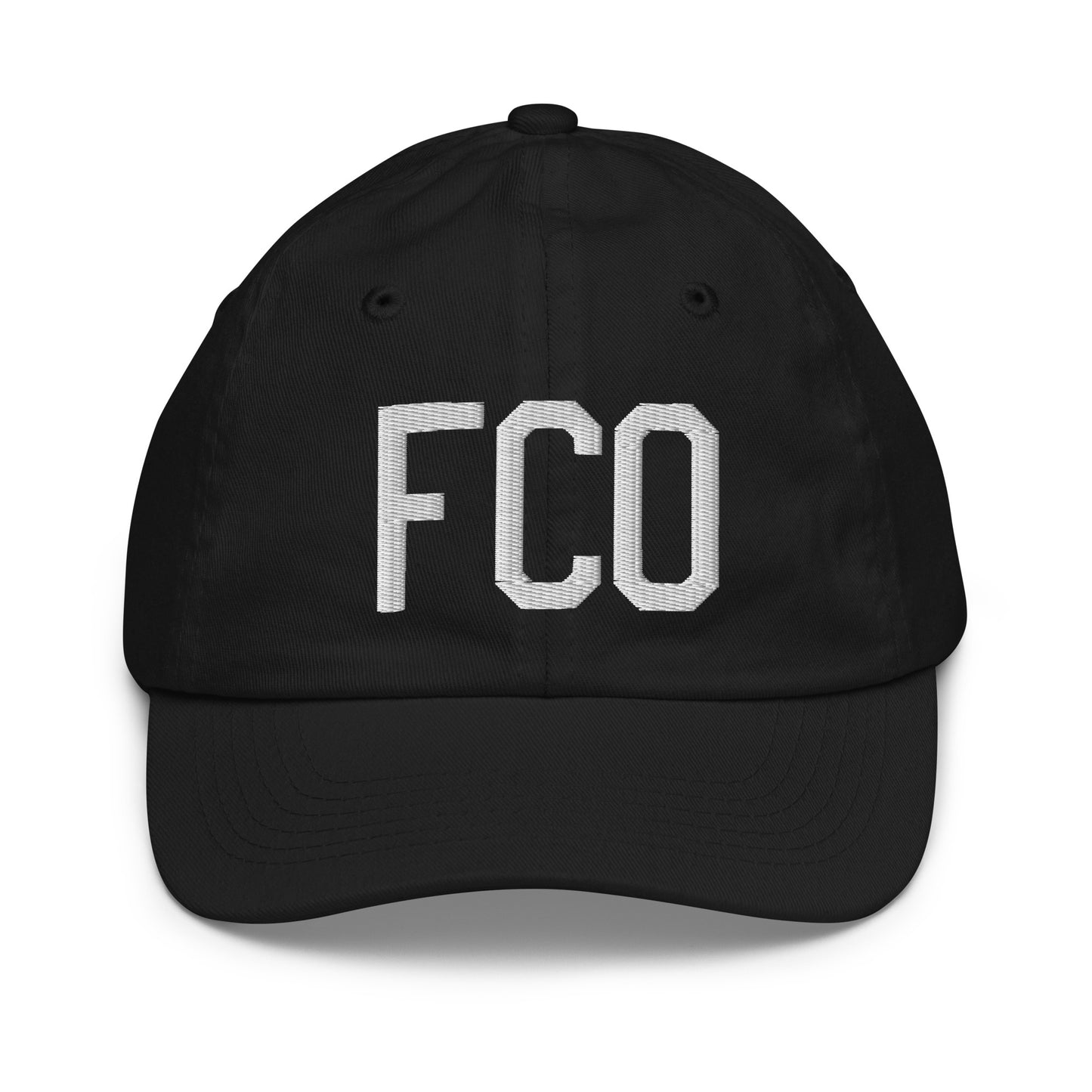 Airport Code Kid's Baseball Cap - White • FCO Rome • YHM Designs - Image 11