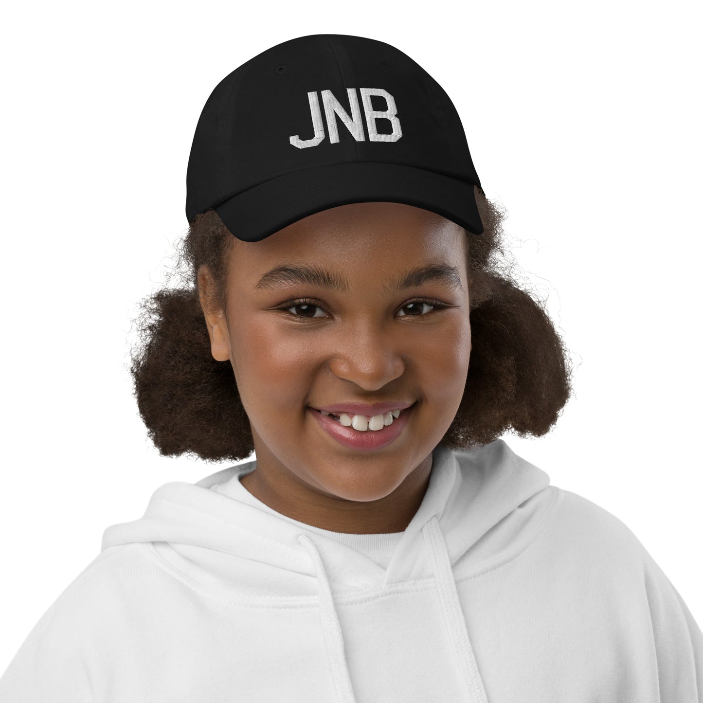 Airport Code Kid's Baseball Cap - White • JNB Johannesburg • YHM Designs - Image 02