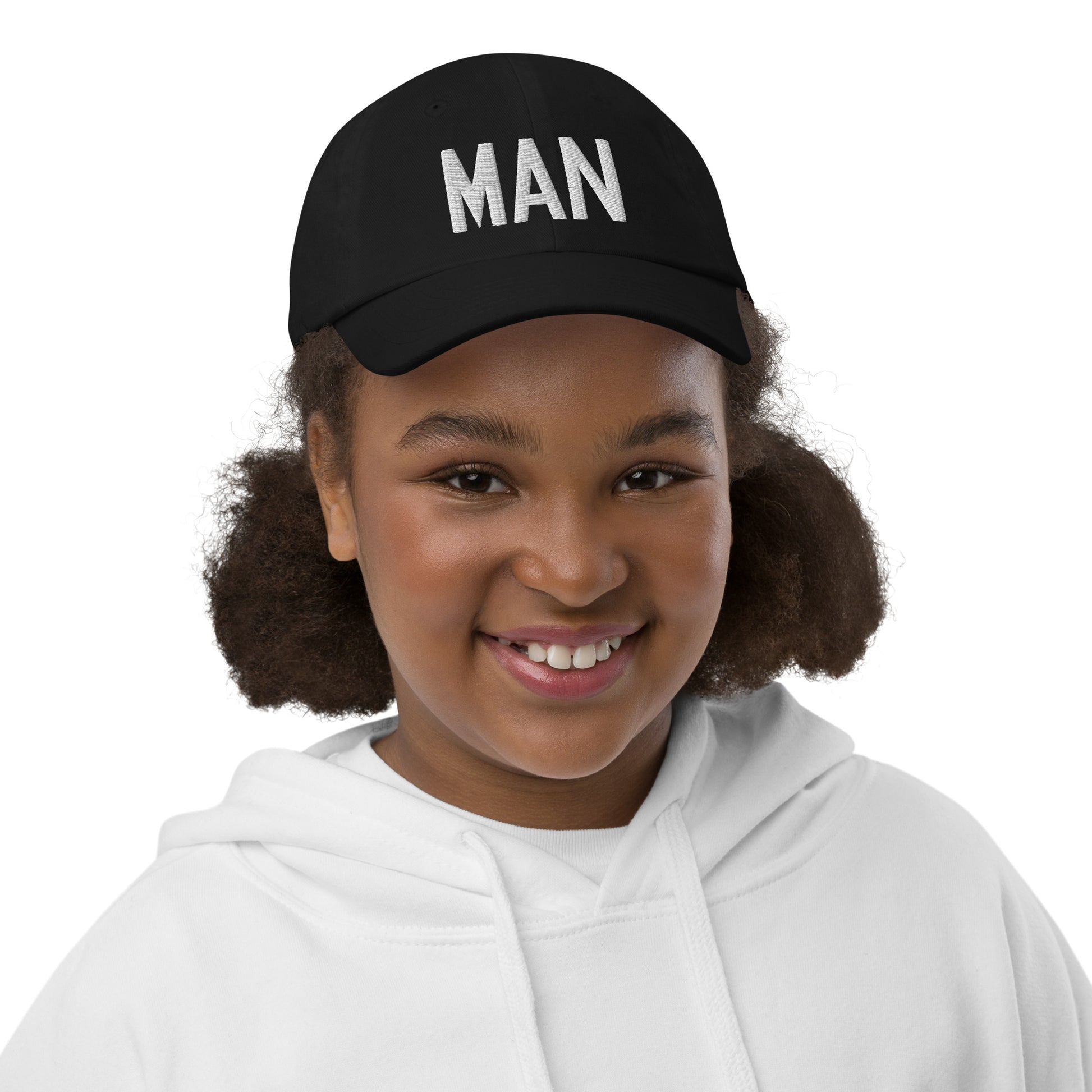 Airport Code Kid's Baseball Cap - White • MAN Manchester • YHM Designs - Image 02