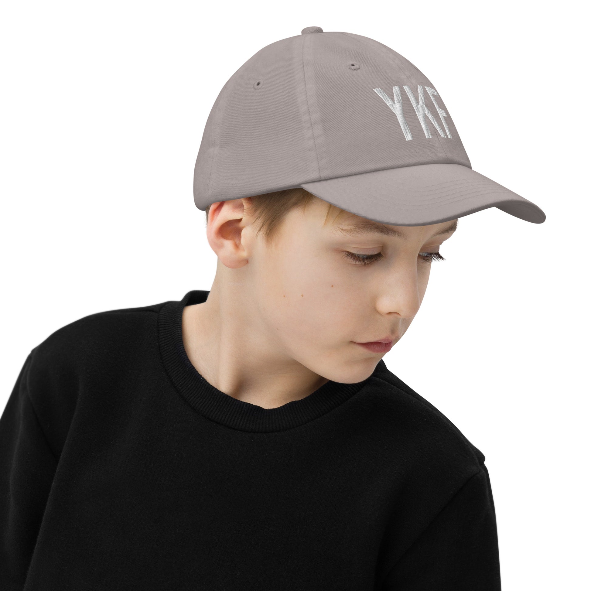 Airport Code Kid's Baseball Cap - White • YKF Waterloo • YHM Designs - Image 07
