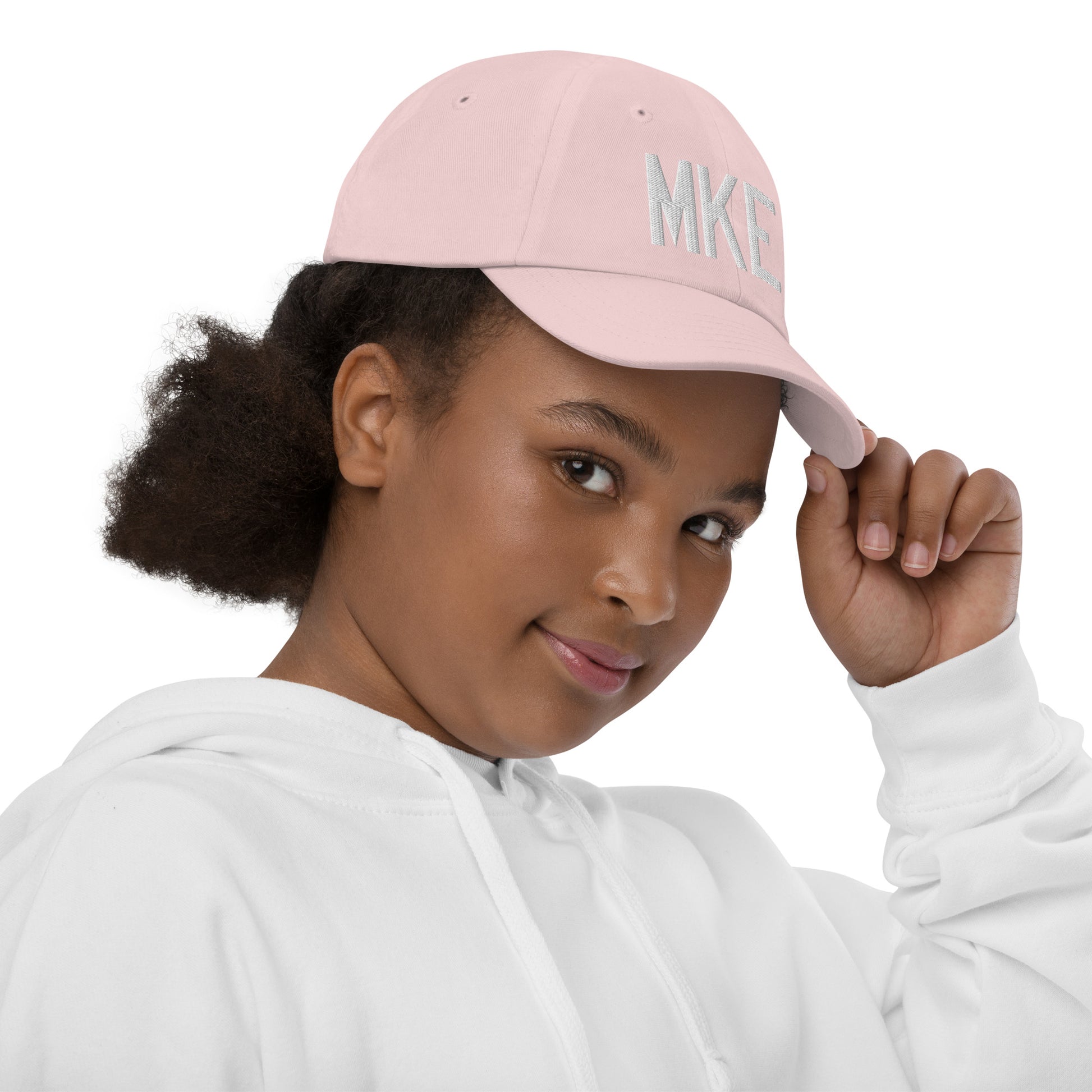 Airport Code Kid's Baseball Cap - White • MKE Milwaukee • YHM Designs - Image 09