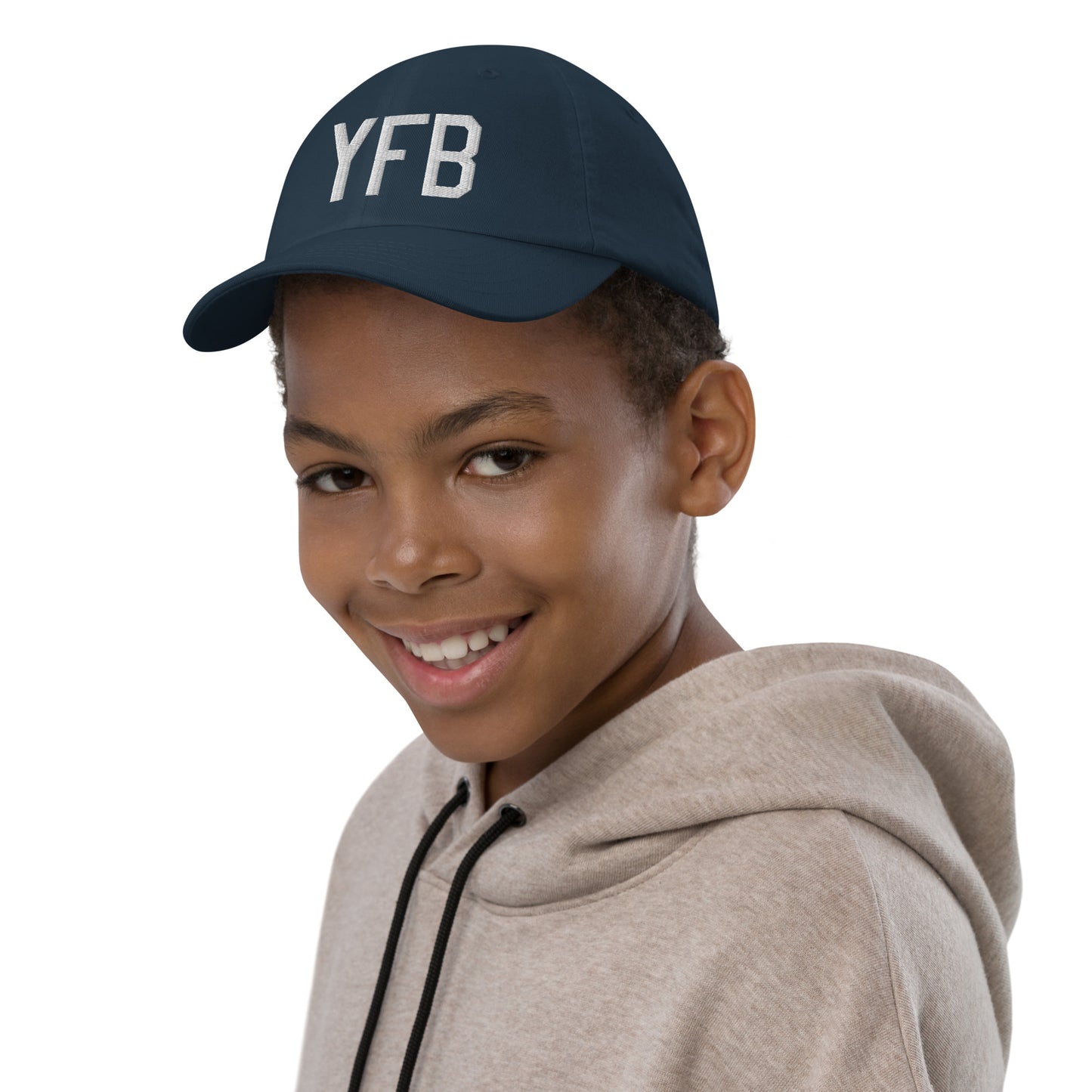 Airport Code Kid's Baseball Cap - White • YFB Iqaluit • YHM Designs - Image 03