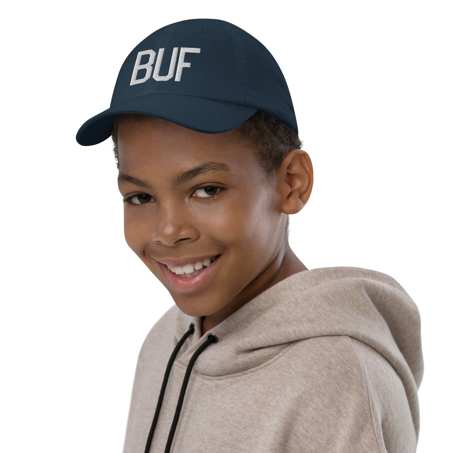 Airport Code Kid's Baseball Cap - White • BUF Buffalo • YHM Designs - Image 03
