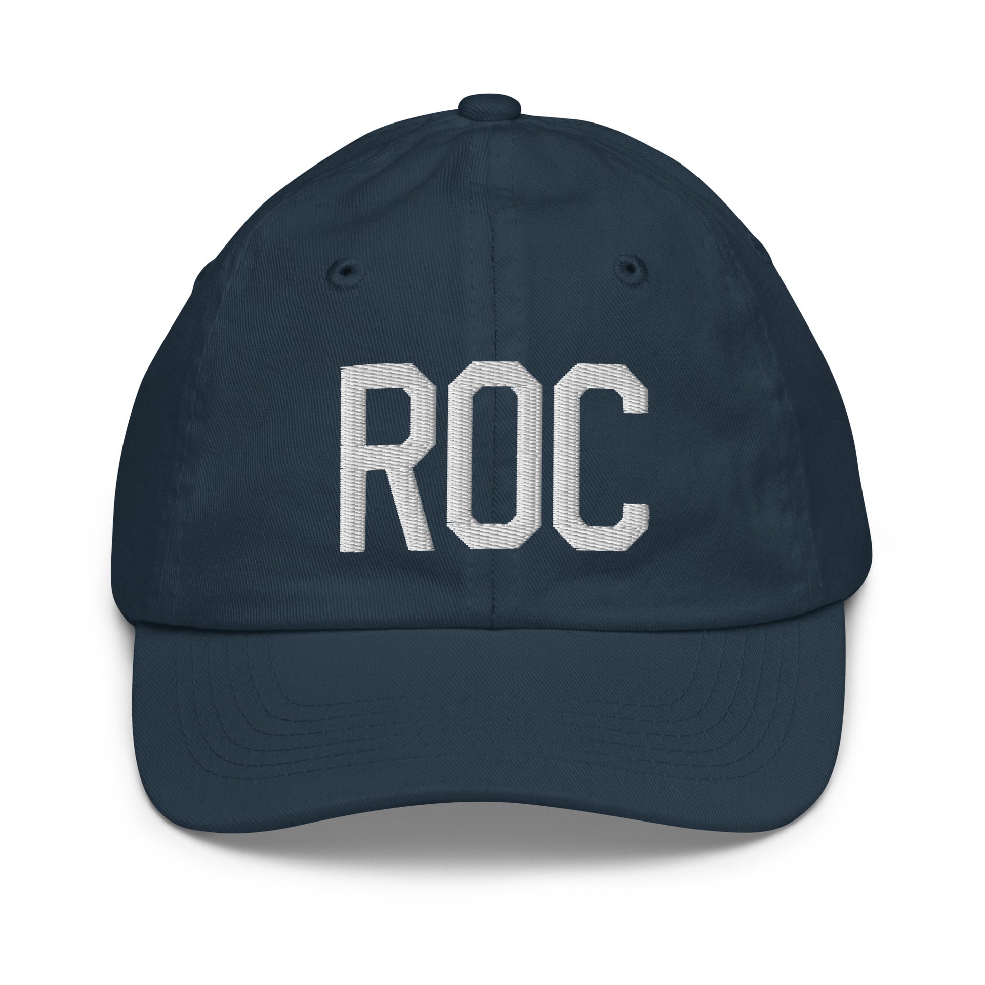Airport Code Kid's Baseball Cap - White • ROC Rochester • YHM Designs - Image 14