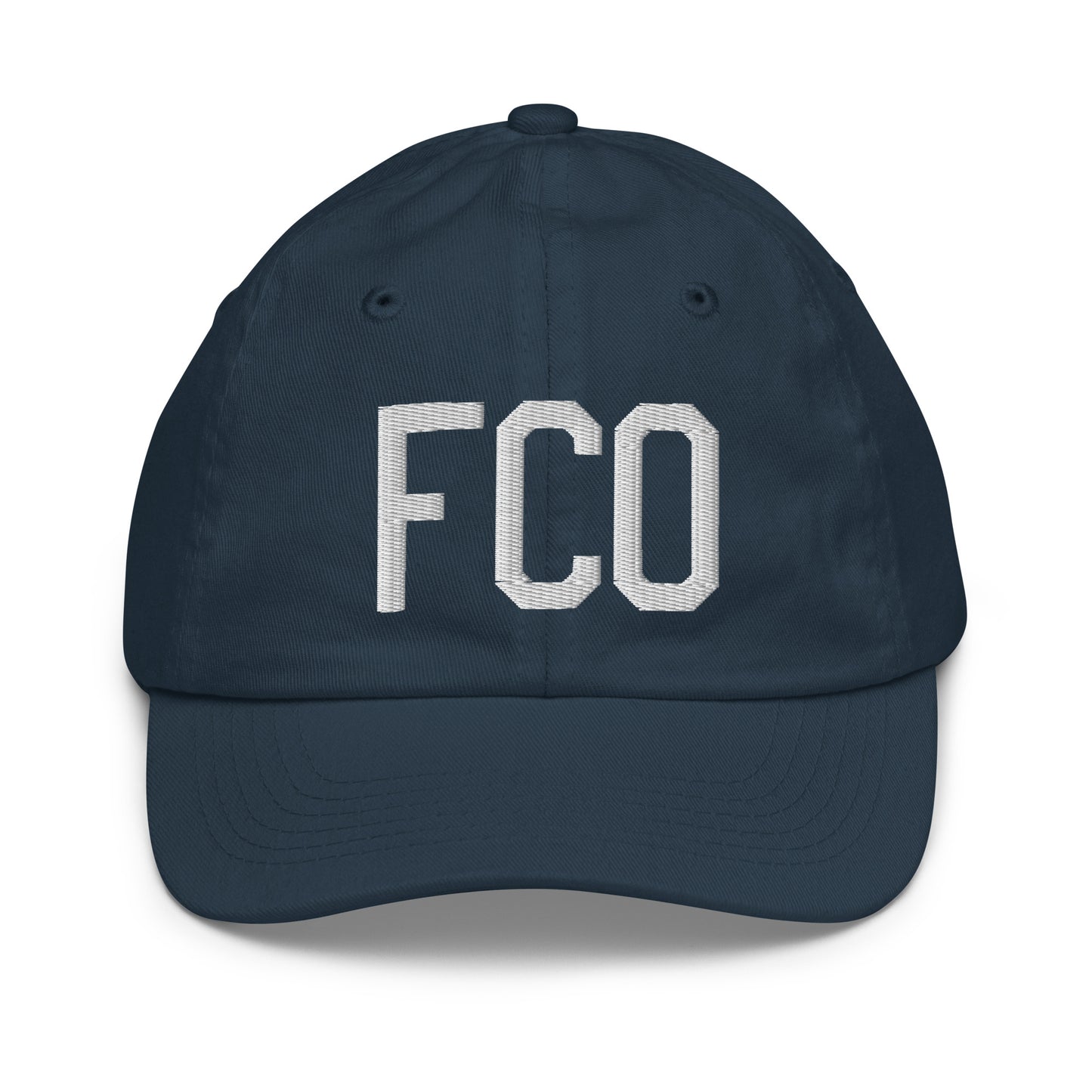 Airport Code Kid's Baseball Cap - White • FCO Rome • YHM Designs - Image 14