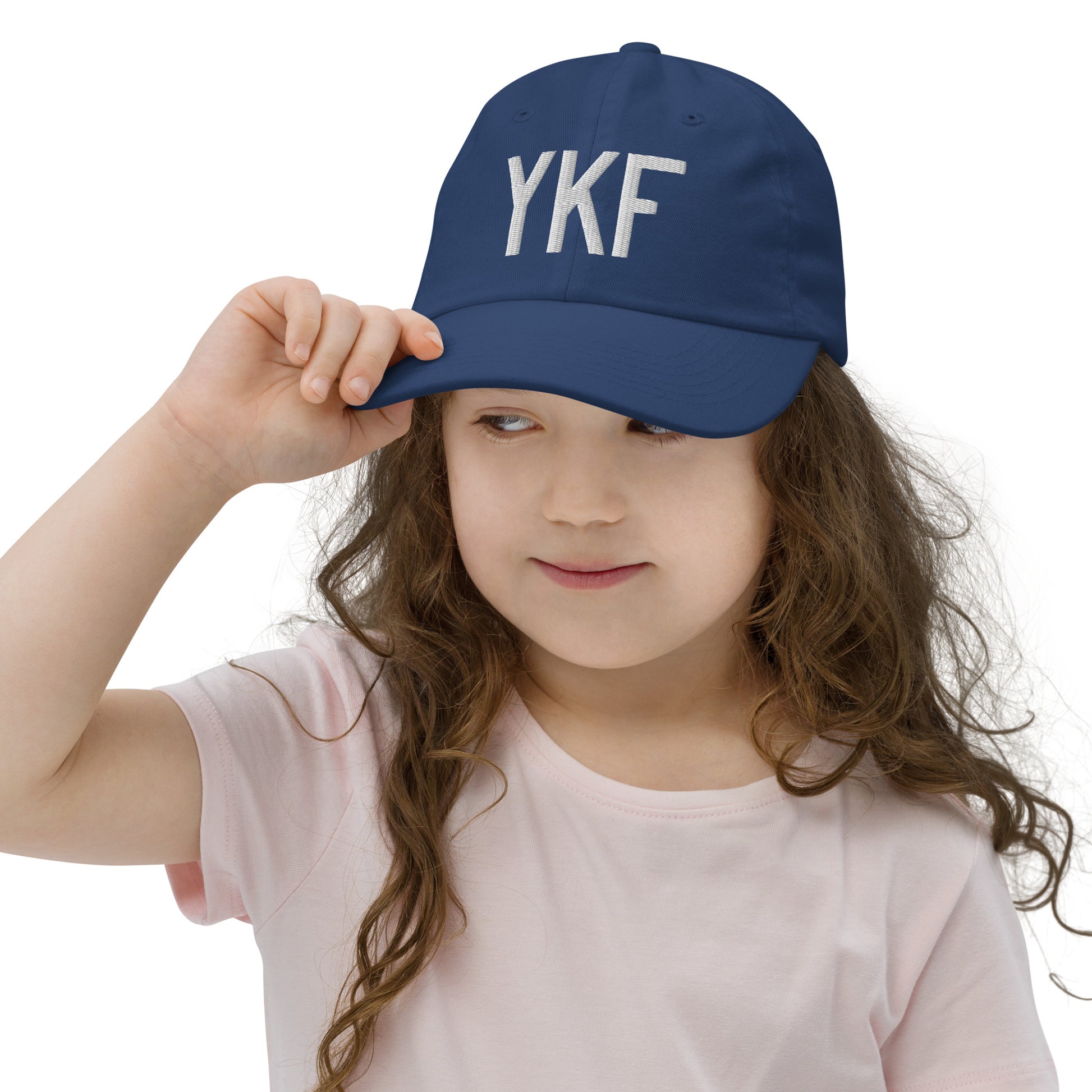 Airport Code Kid's Baseball Cap - White • YKF Waterloo • YHM Designs - Image 05