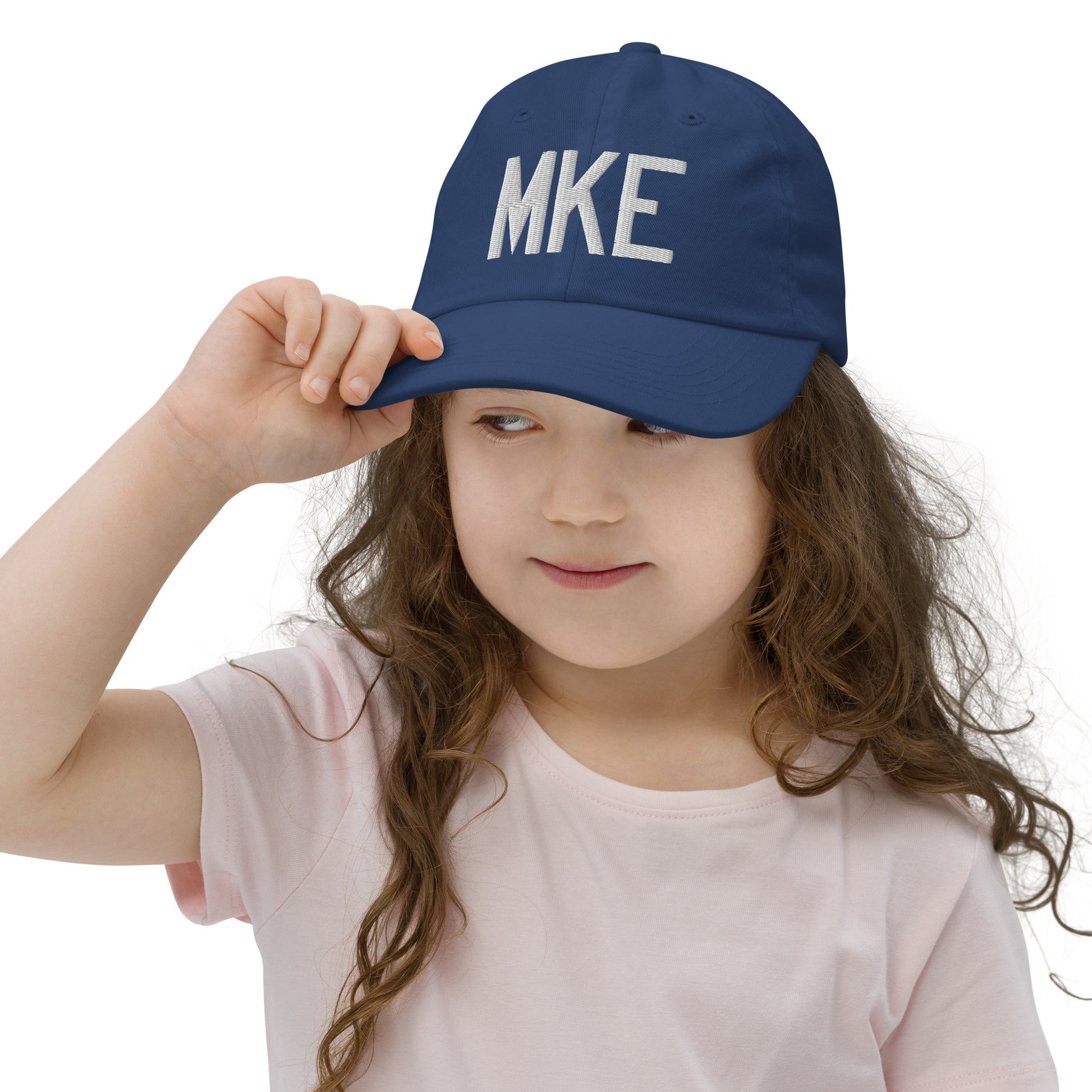 Airport Code Kid's Baseball Cap - White • MKE Milwaukee • YHM Designs - Image 05
