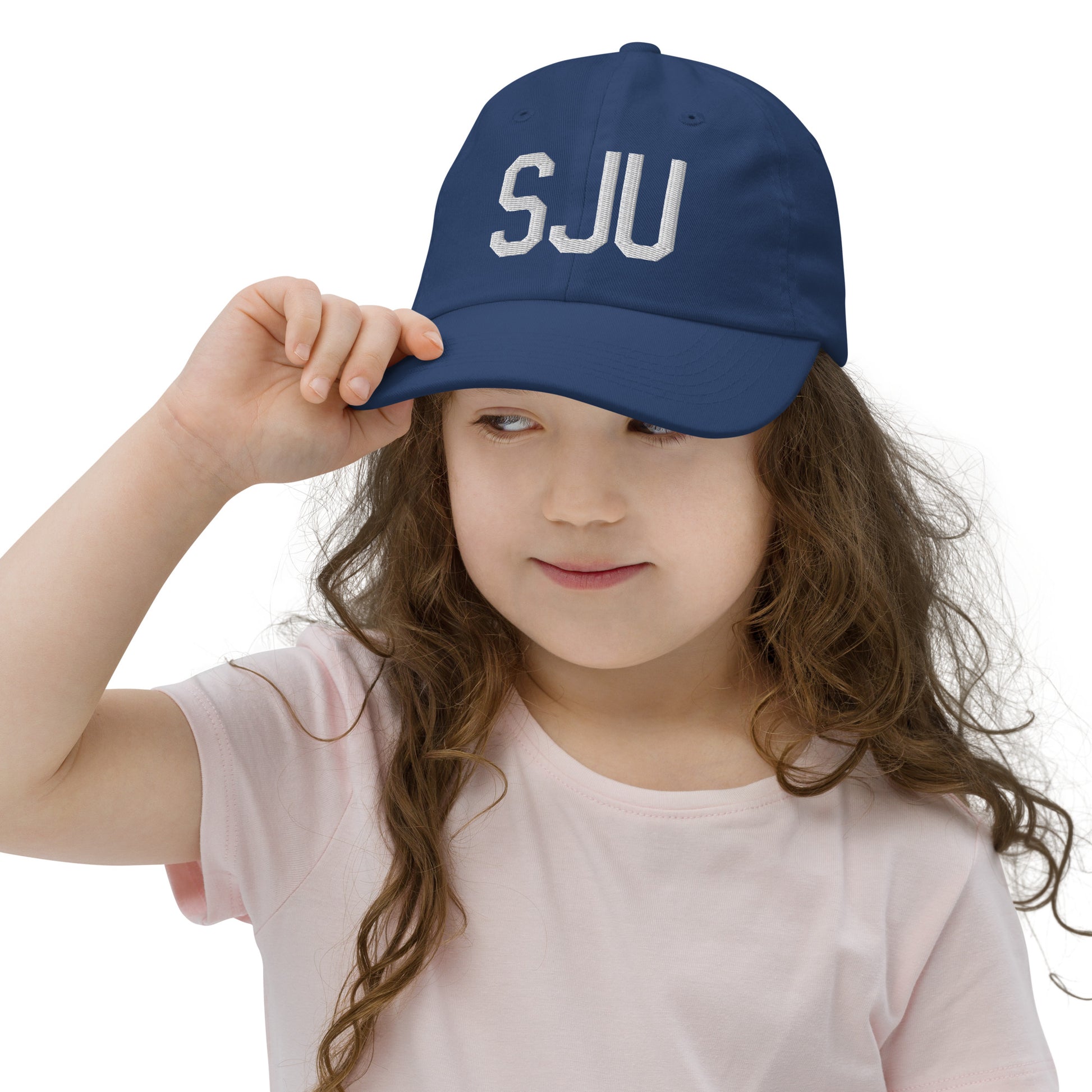 Airport Code Kid's Baseball Cap - White • SJU San Juan • YHM Designs - Image 05