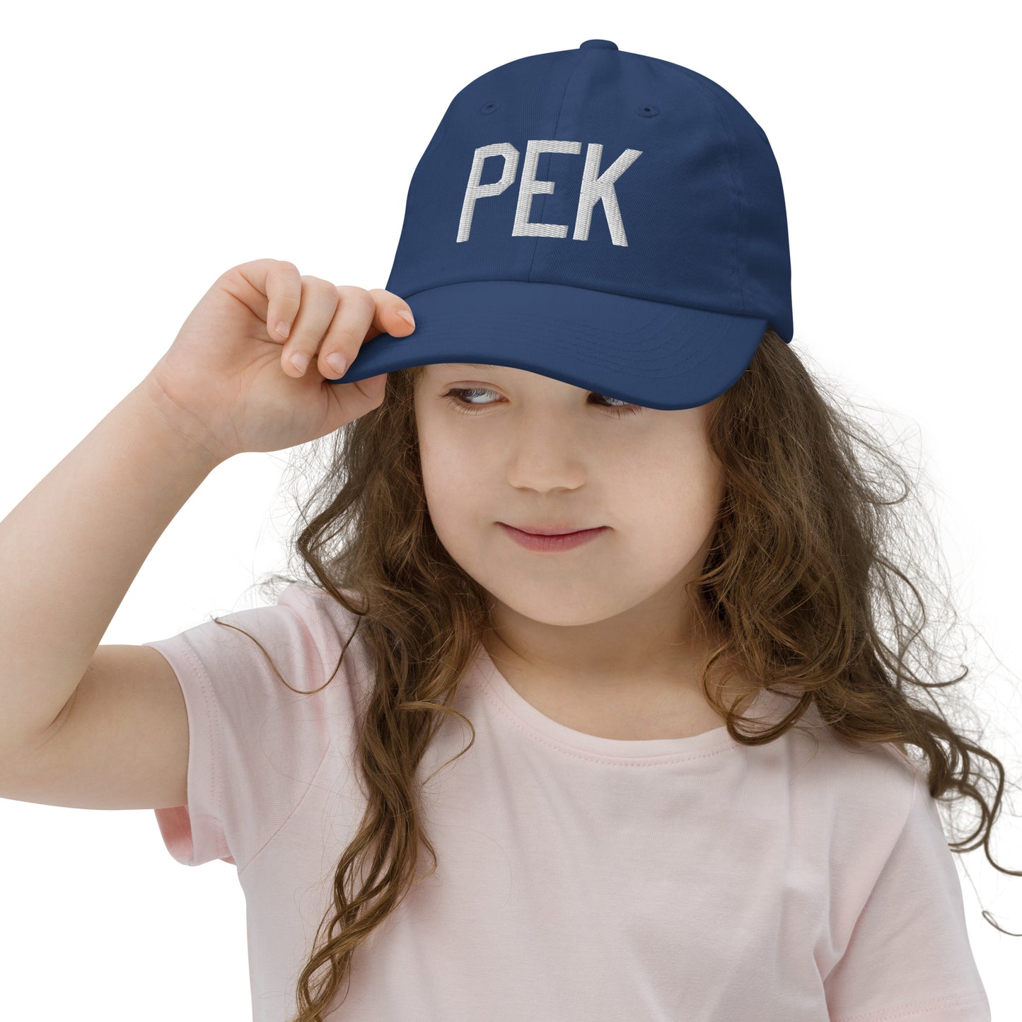 Airport Code Kid's Baseball Cap - White • PEK Beijing • YHM Designs - Image 05