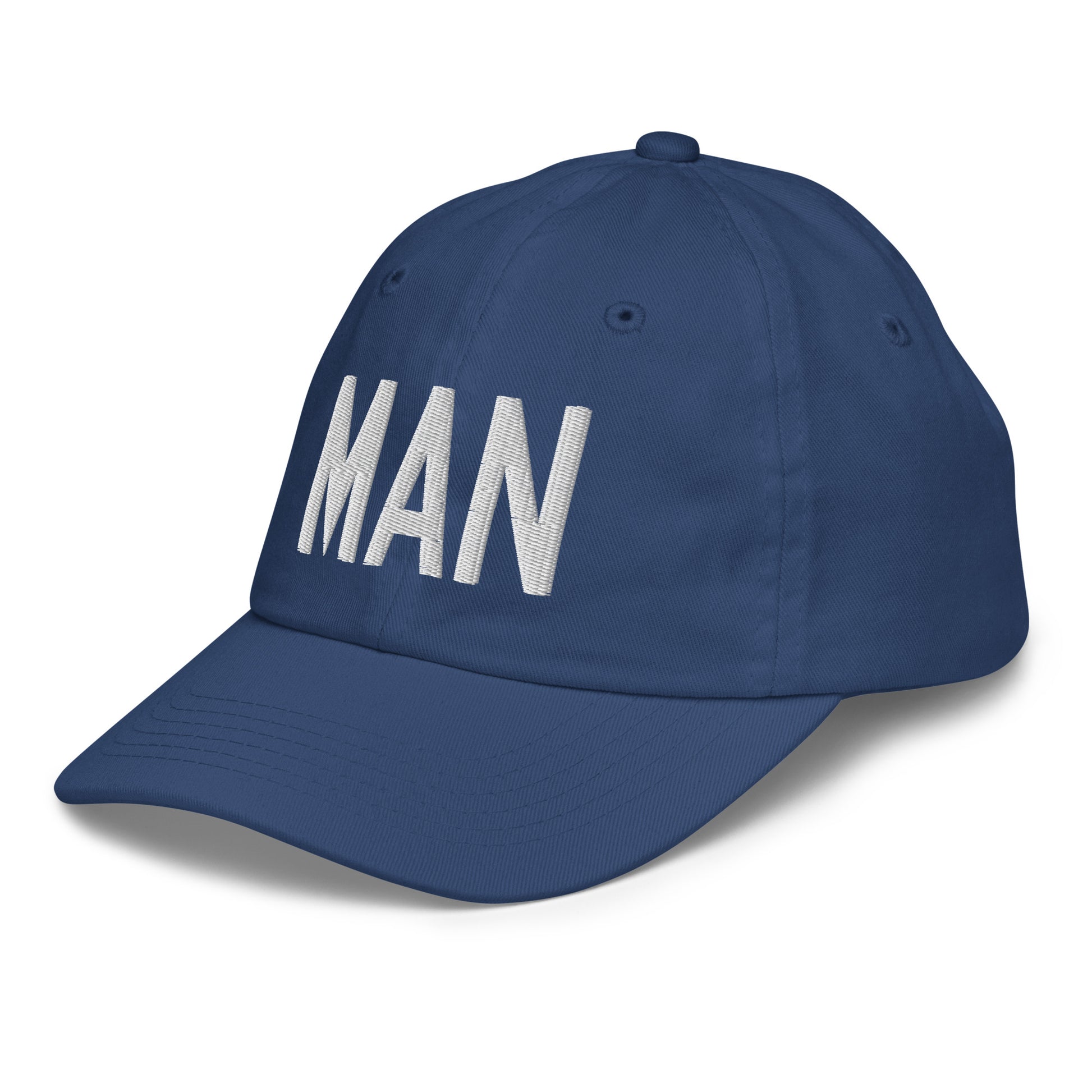 Airport Code Kid's Baseball Cap - White • MAN Manchester • YHM Designs - Image 01