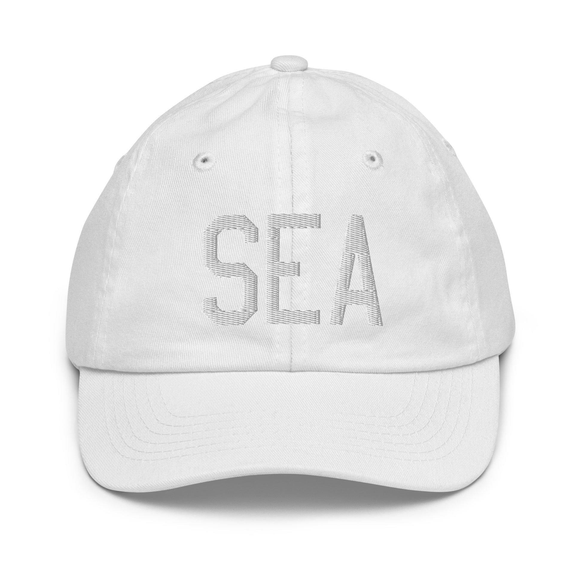 Airport Code Kid's Baseball Cap - White • SEA Seattle • YHM Designs - Image 34