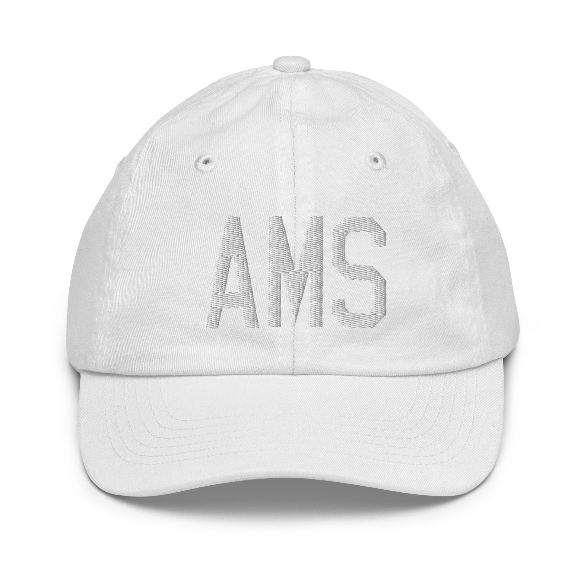 Airport Code Kid's Baseball Cap - White • AMS Amsterdam • YHM Designs - Image 34