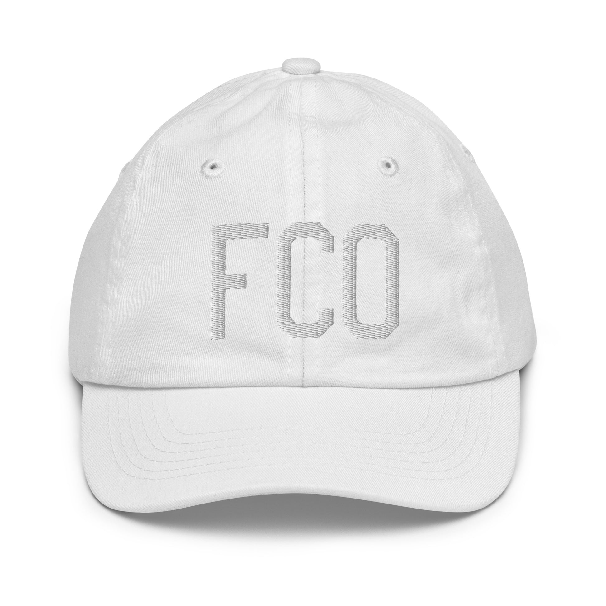 Airport Code Kid's Baseball Cap - White • FCO Rome • YHM Designs - Image 34