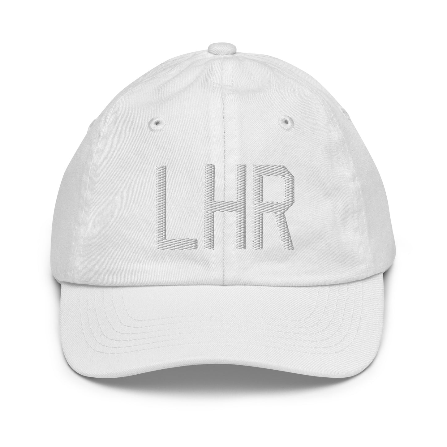Airport Code Kid's Baseball Cap - White • LHR London • YHM Designs - Image 34