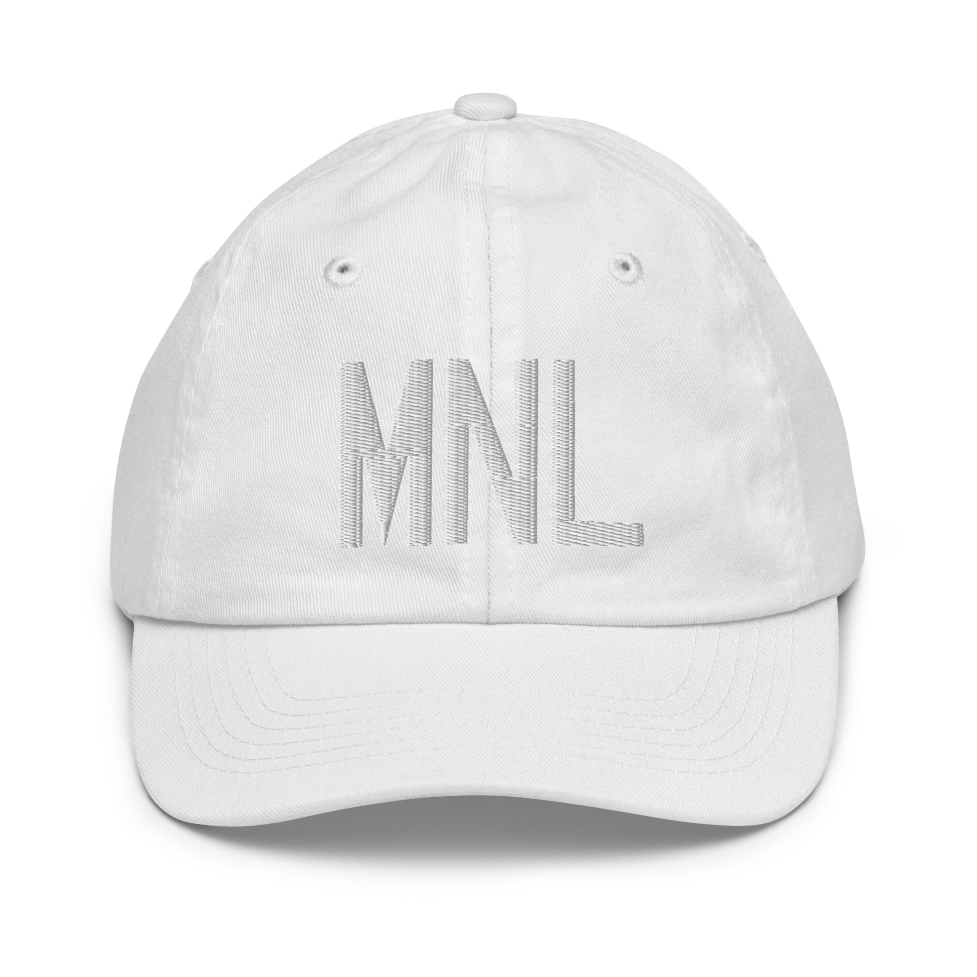 Airport Code Kid's Baseball Cap - White • MNL Manila • YHM Designs - Image 34
